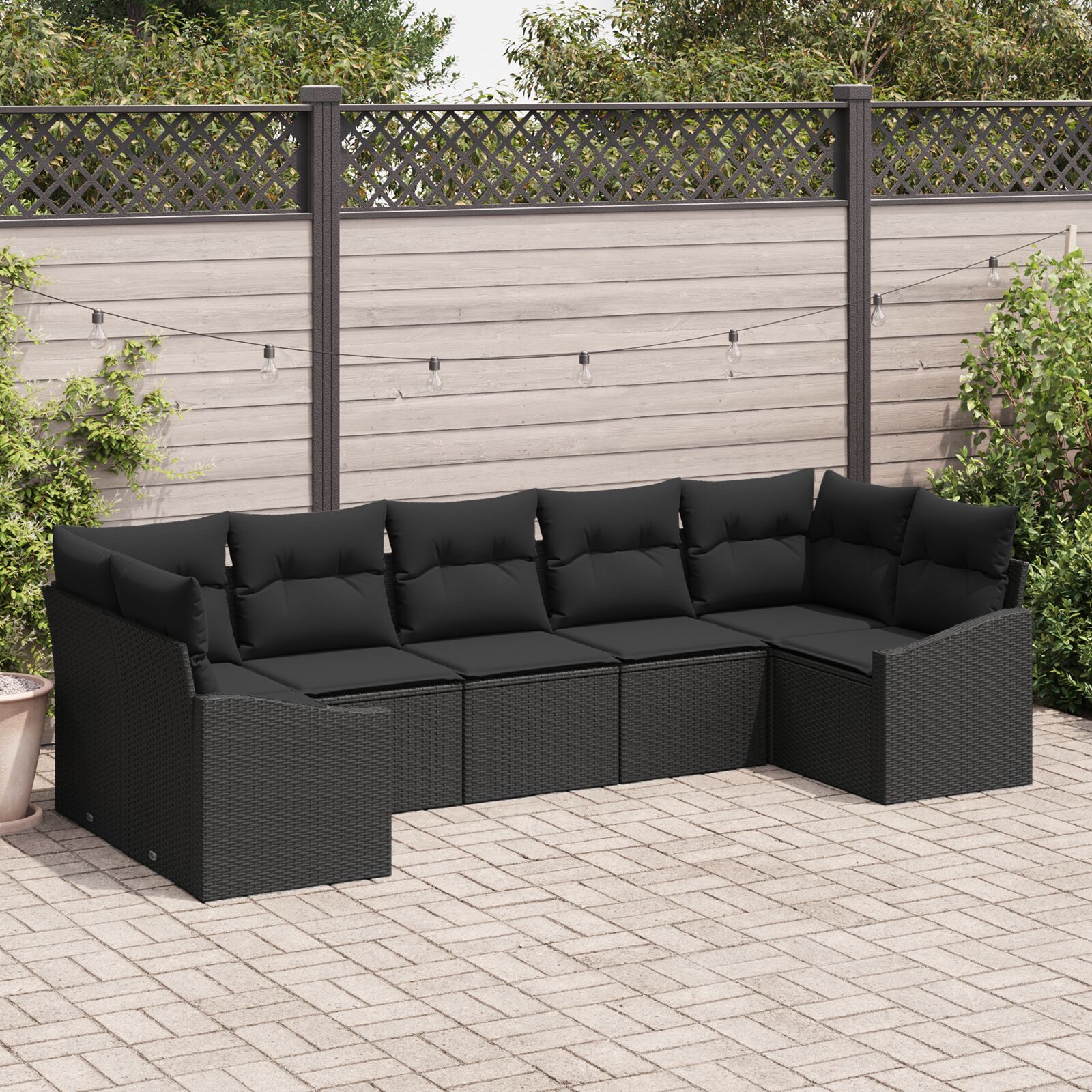 7-teiliges Garten Sofa Set mit Kissen Schwarz Poly Rattan 7-teiliges Garten Sofa Set mit Kissen Schwarz Poly Rattan