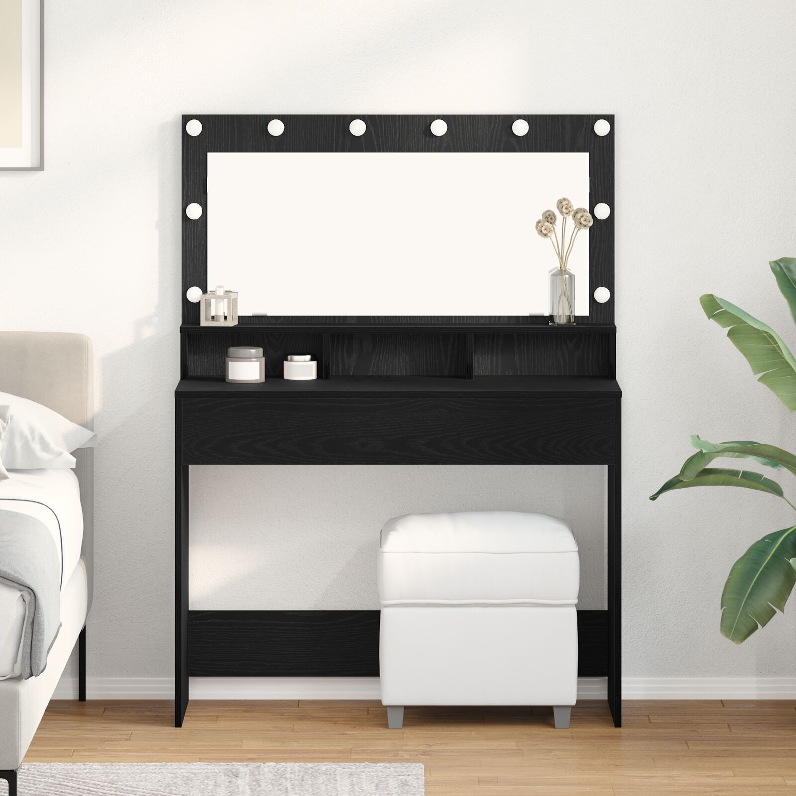 vidaXL Schminktisch mit LED-Lichtern in Schwarz und Eiche 100x41x135 cm