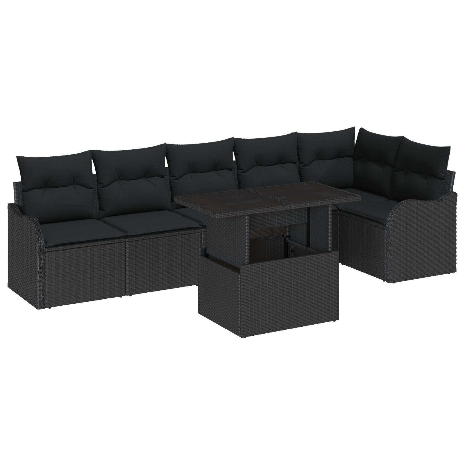 7-teiliges Garten-Sofa-Set mit Kissen schwarzes Poly-Rattan, 2-Sitzer Garten-Sofa mit Kissen schwarzes Poly-Rattan 7-teiliges Garten-Sofa-Set mit Kissen schwarzes Poly-Rattan, 2-Sitzer Garten-Sofa mit Kissen schwarzes Poly-Rattan