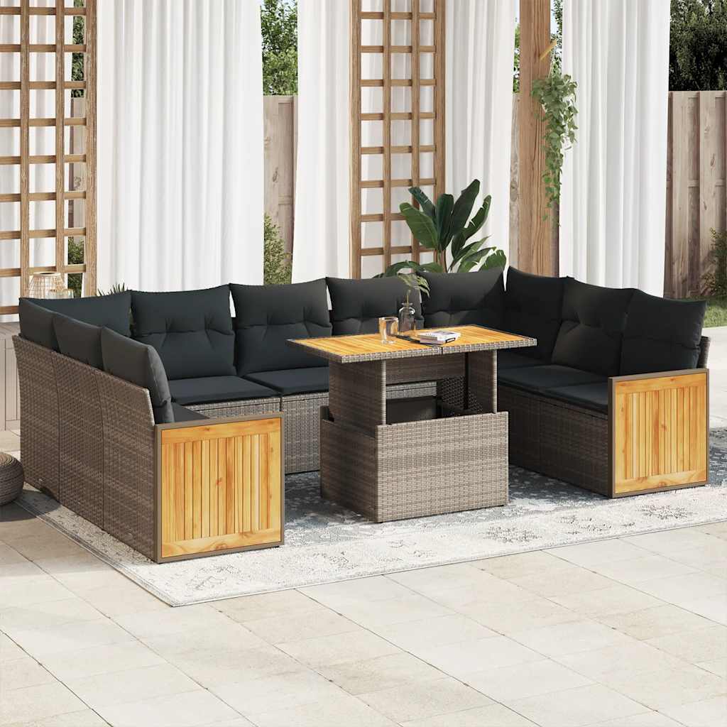 10-tlg. Garten-Sofagarnitur mit Kissen Grau Poly Rattan Akazie 10-tlg. Garten-Sofagarnitur mit Kissen Grau Poly Rattan Akazie