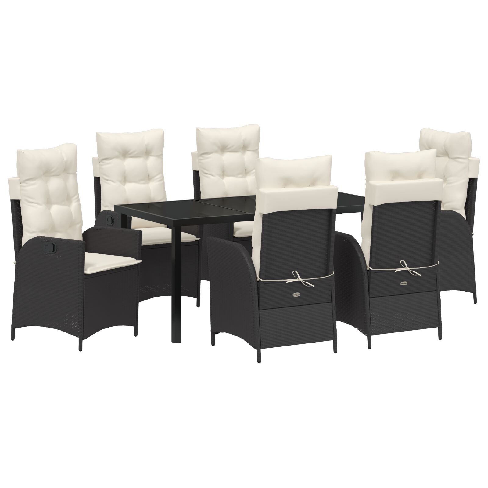7-teiliges Garten-Esstisch-Set mit Kissen Schwarz Poly Rattan