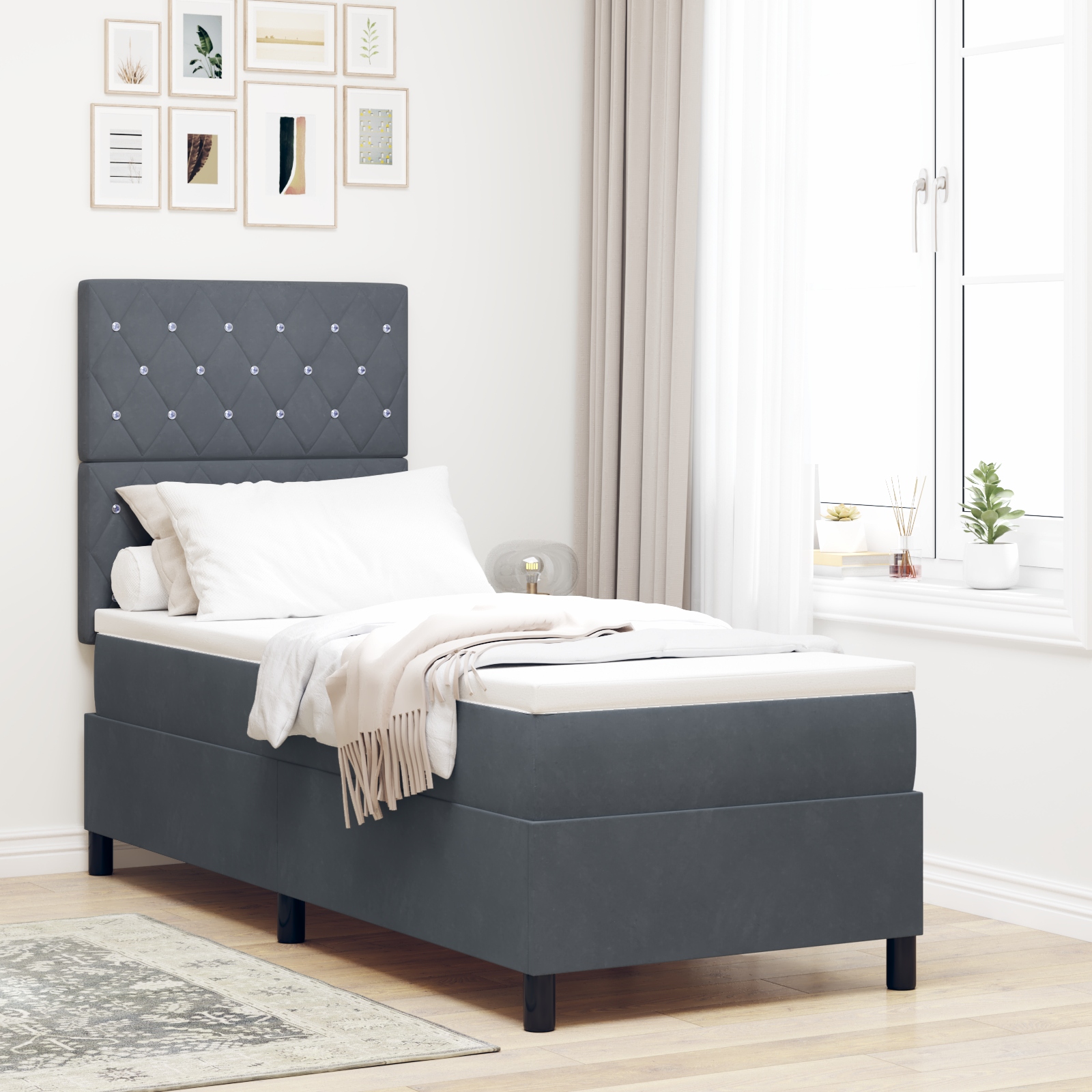 LED Boxspringbett mit Matratze Dunkelgrau 80x200 cm Samt