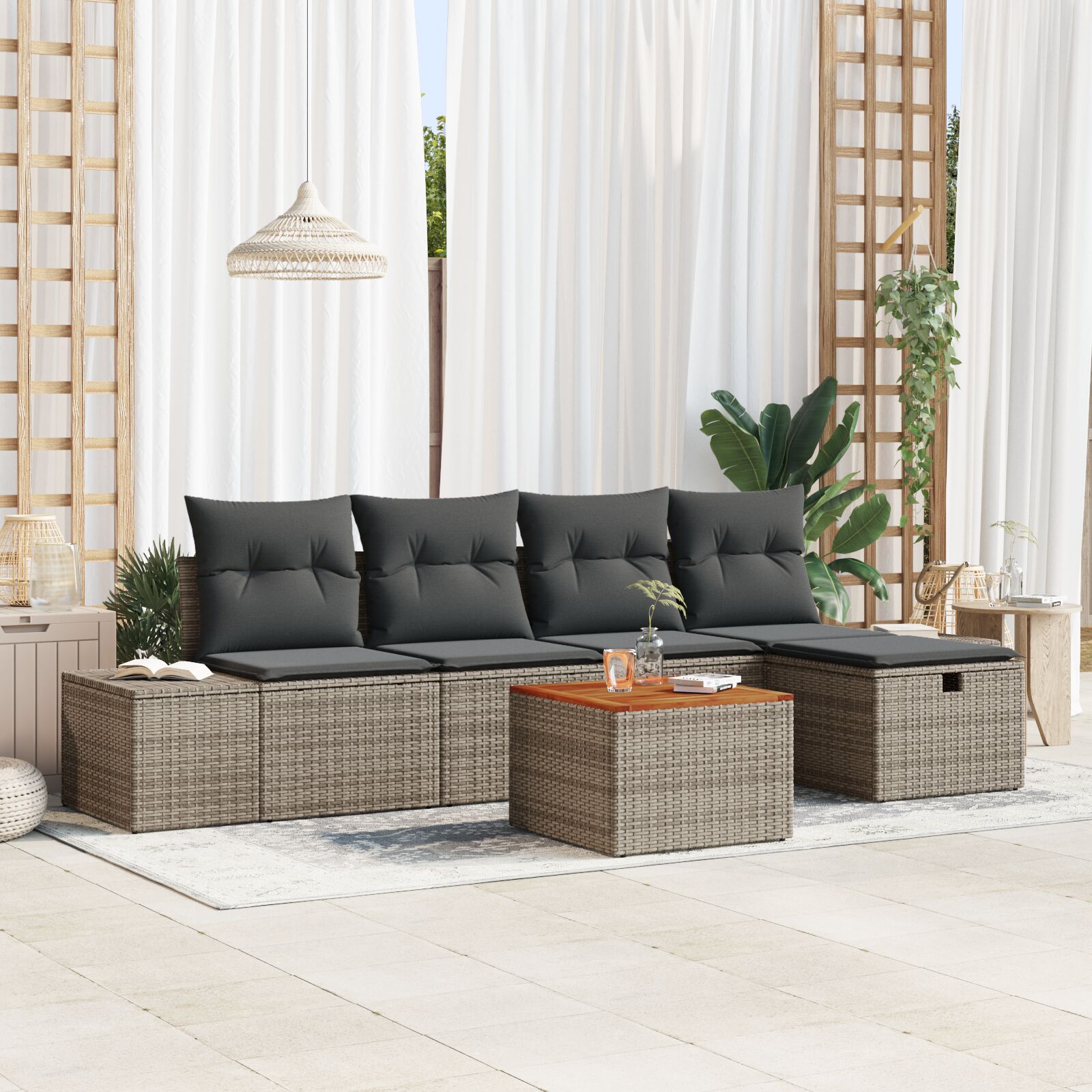 vidaXL Garten Sofa Set 6-teilig Grau Rattan Outdoor Sofa Rechteckig vidaXL Garten Sofa Set 6-teilig Grau Rattan Outdoor Sofa Rechteckig