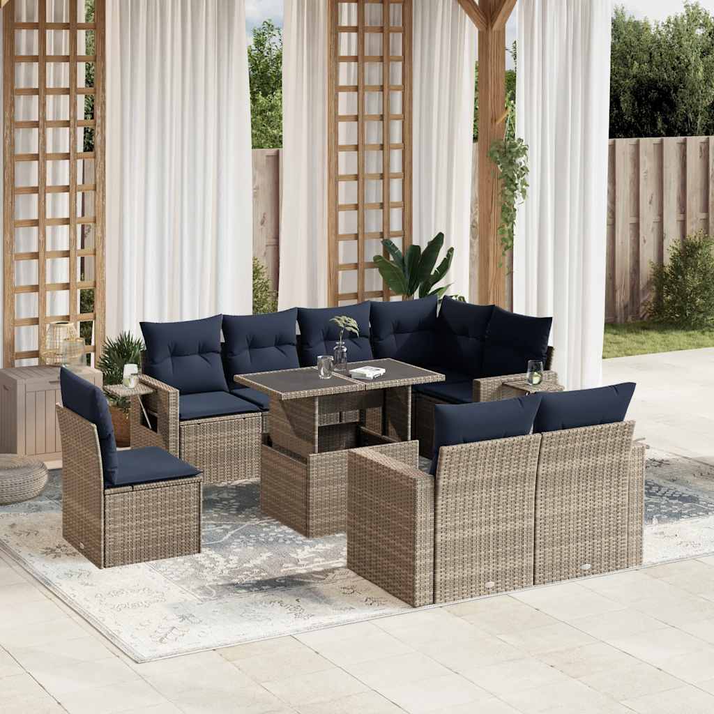 9-teiliges Gartensofa-Set mit Kissen, grau, Polyrattan 9-teiliges Gartensofa-Set mit Kissen, grau, Polyrattan