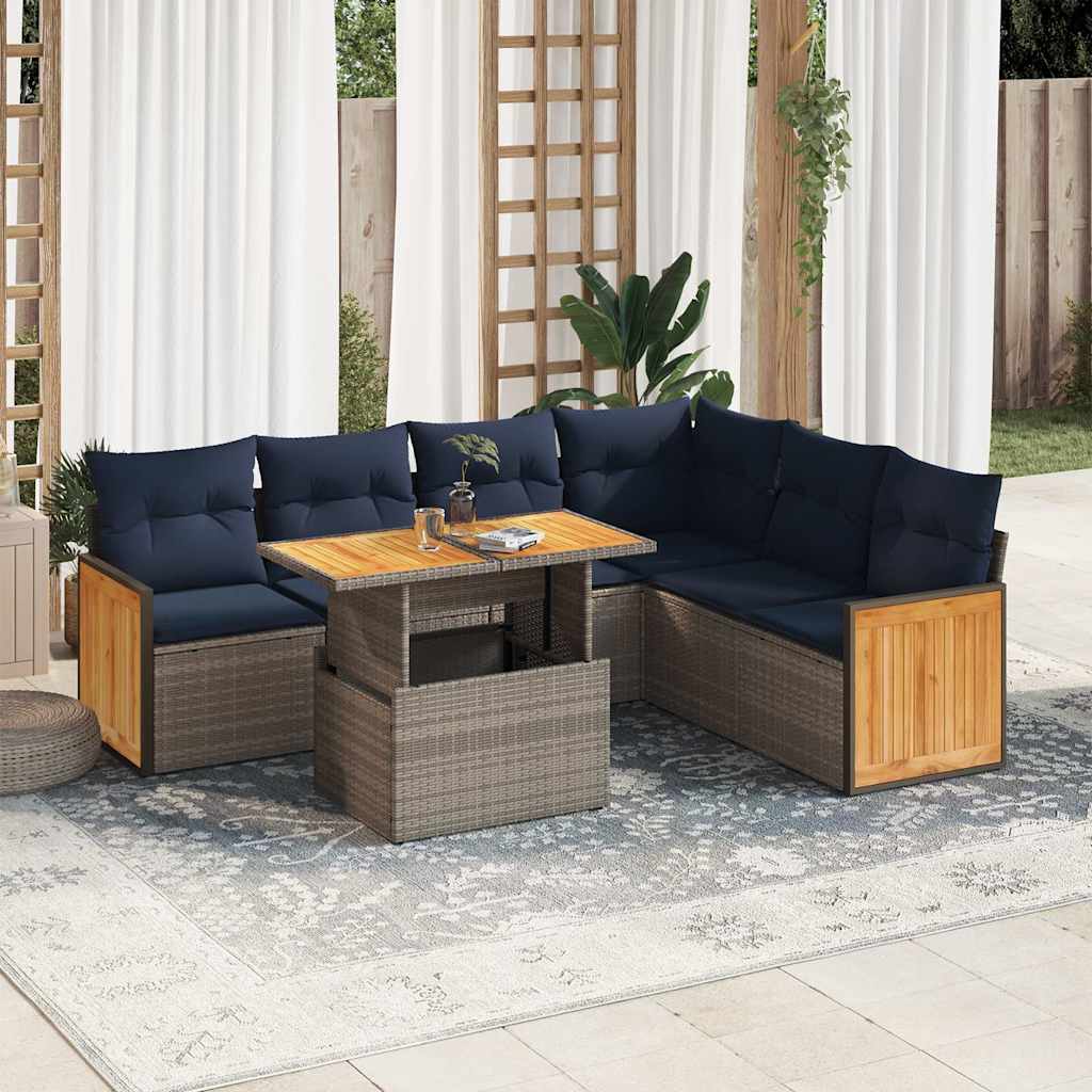 7-tlg. Garten-Sofagarnitur mit Kissen Grau Poly Rattan Akazie 7-tlg. Garten-Sofagarnitur mit Kissen Grau Poly Rattan Akazie