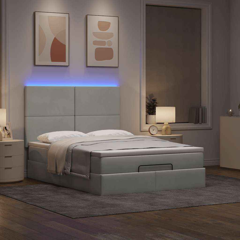 Ottoman-Bett mit Matratzen & LEDs Hellgrau 140x200 cm Samt