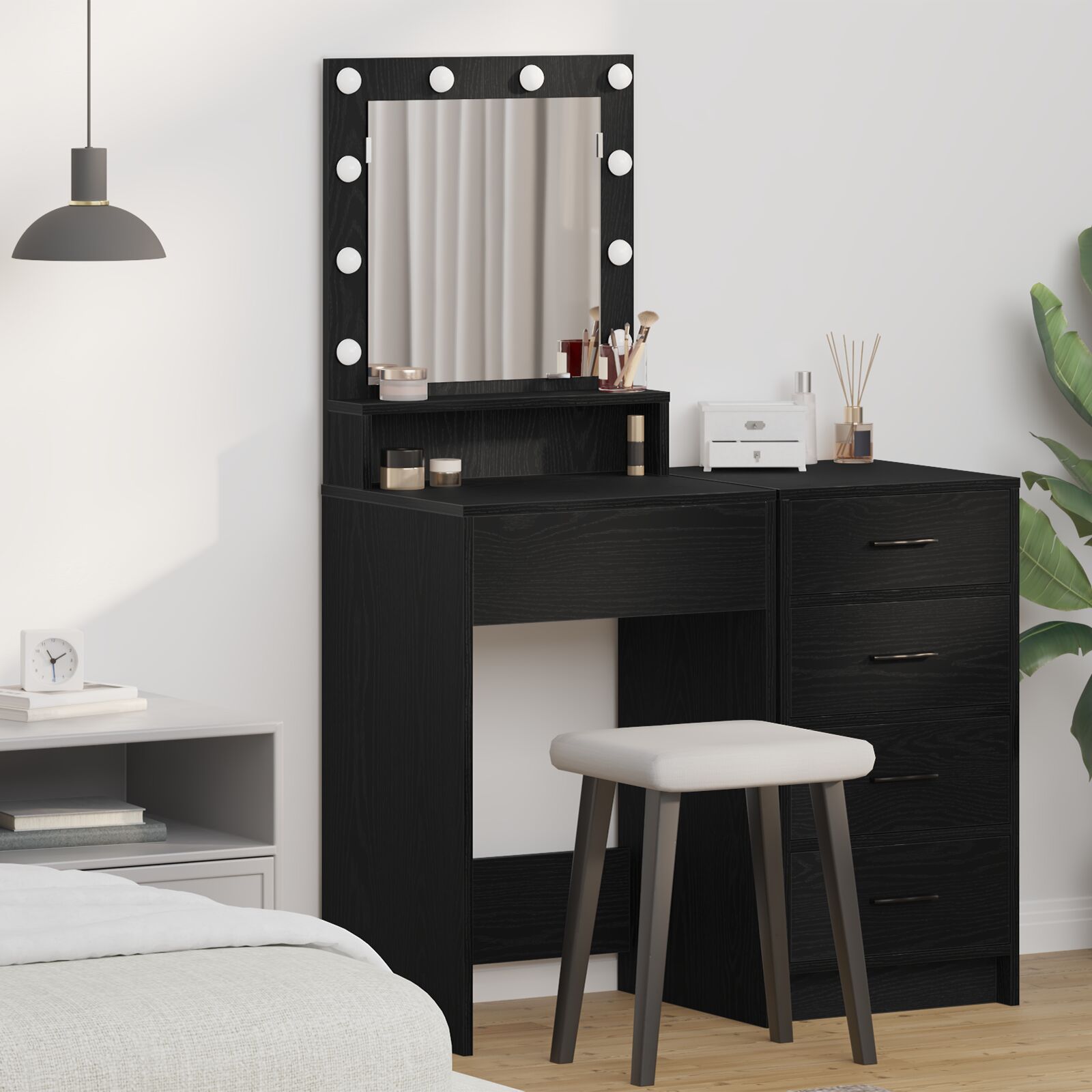 vidaXL Schminktisch mit LED-Lichtern aus schwarzem Eichenholz 50x41x135 cm