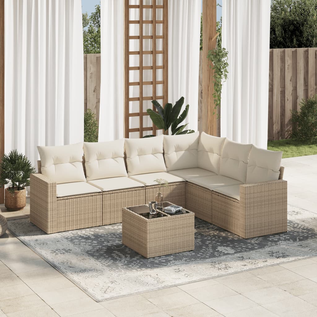 7-tlg. Garten-Sofagarnitur mit Kissen Beige Poly Rattan 7-tlg. Garten-Sofagarnitur mit Kissen Beige Poly Rattan