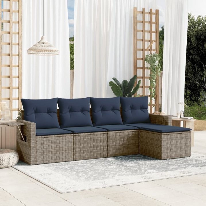 5-teiliges Gartensofa-Set mit Kissen, grau, Polyrattan