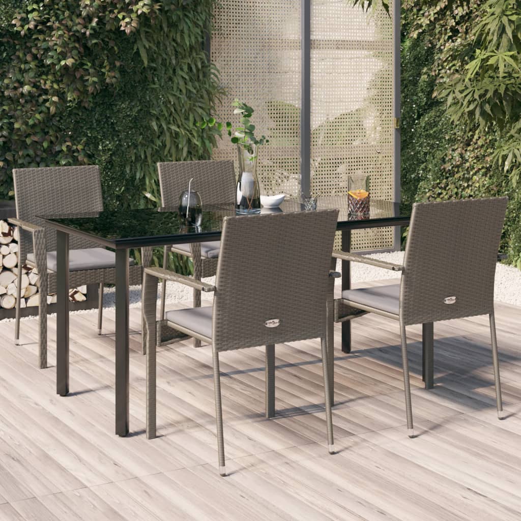 5-tlg. Garten-Essgruppe mit Kissen Schwarz und Grau Poly Rattan 5-tlg. Garten-Essgruppe mit Kissen Schwarz und Grau Poly Rattan