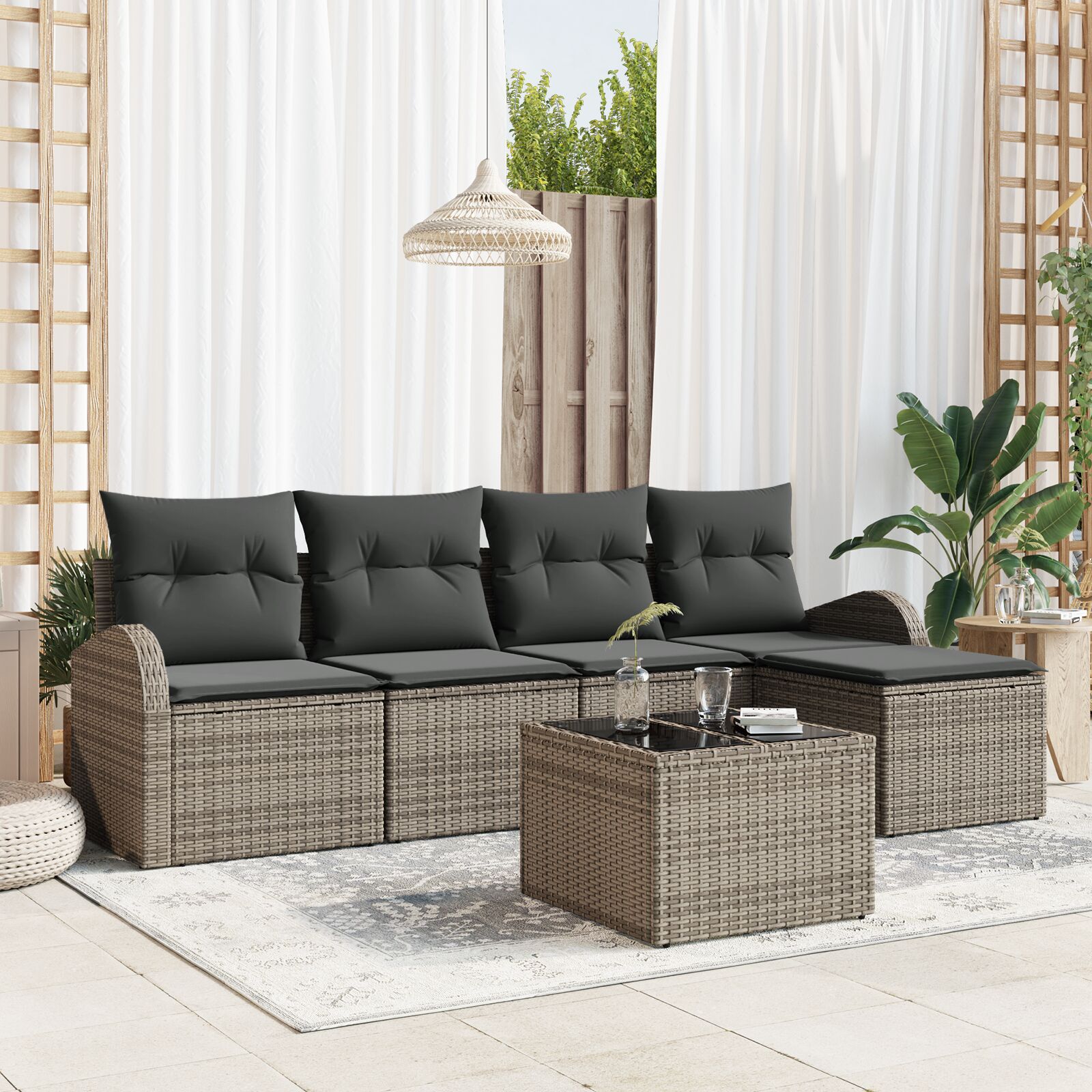 5-teiliges Garten Sofa Set mit Kissen Schwarz Poly Rattan 5-teiliges Garten Sofa Set mit Kissen Schwarz Poly Rattan