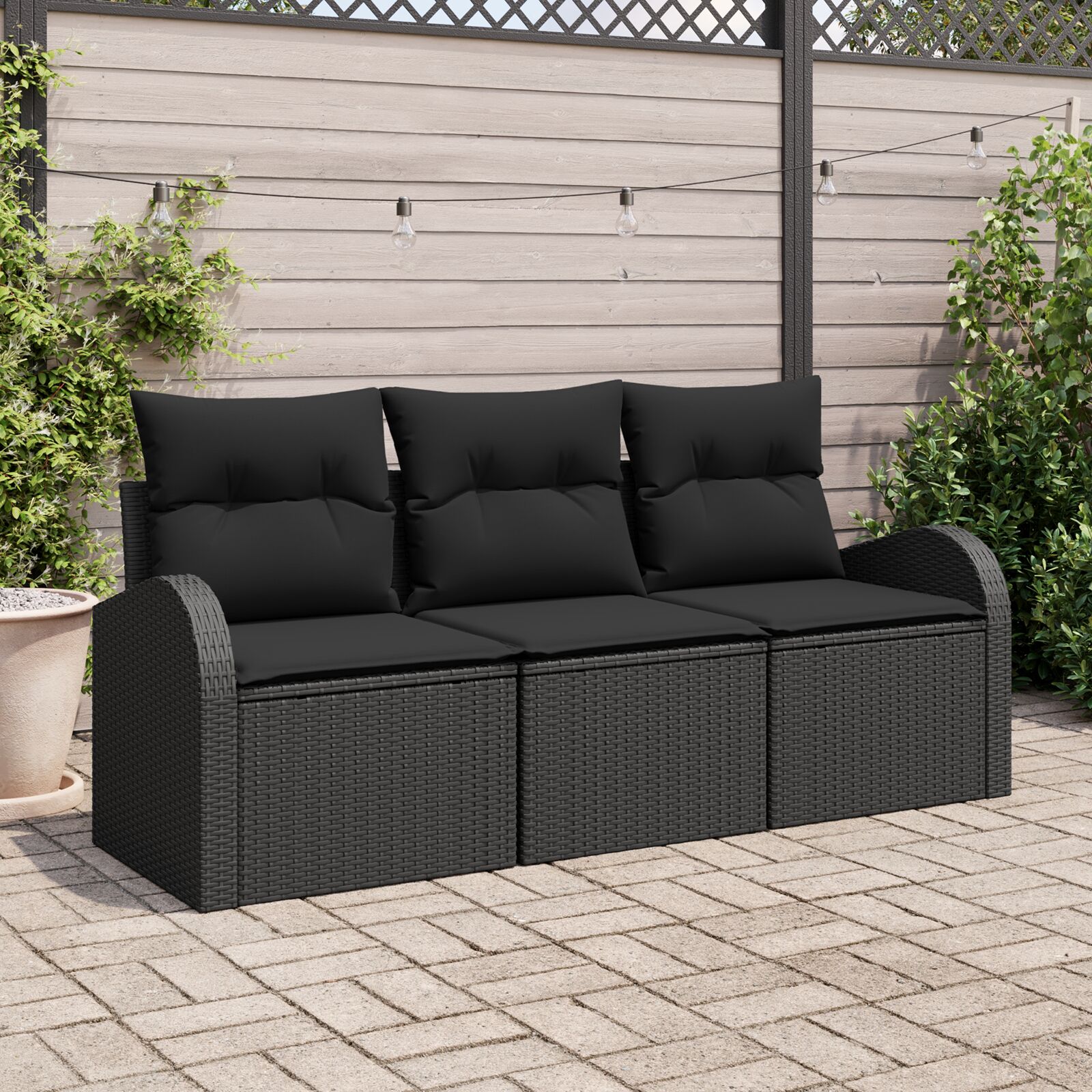 3-teiliges Garten Sofa Set mit Kissen Schwarz Poly Rattan 3-teiliges Garten Sofa Set mit Kissen Schwarz Poly Rattan