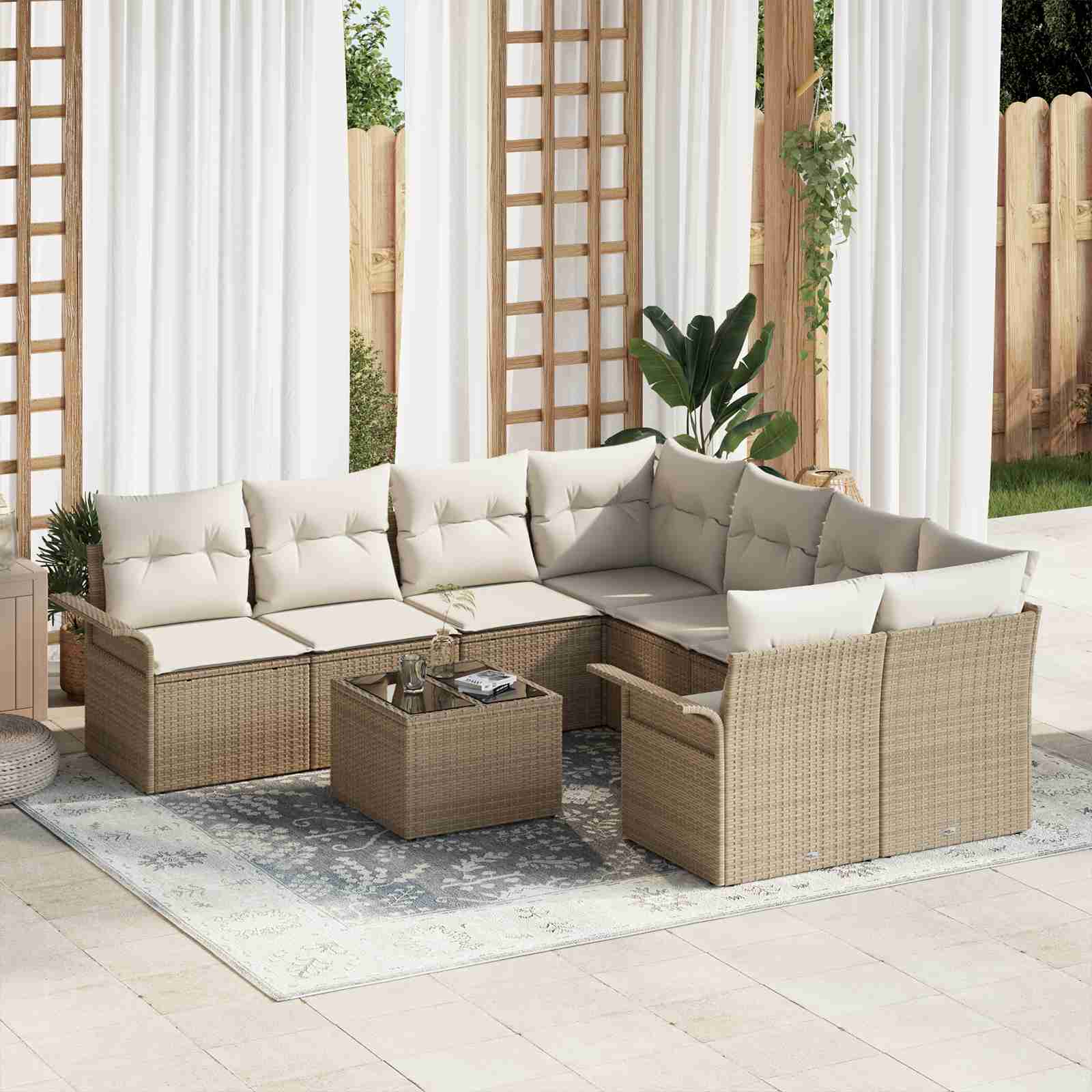 9-teiliges Garten Sofa Set mit Kissen Beige Poly Rattan 9-teiliges Garten Sofa Set mit Kissen Beige Poly Rattan