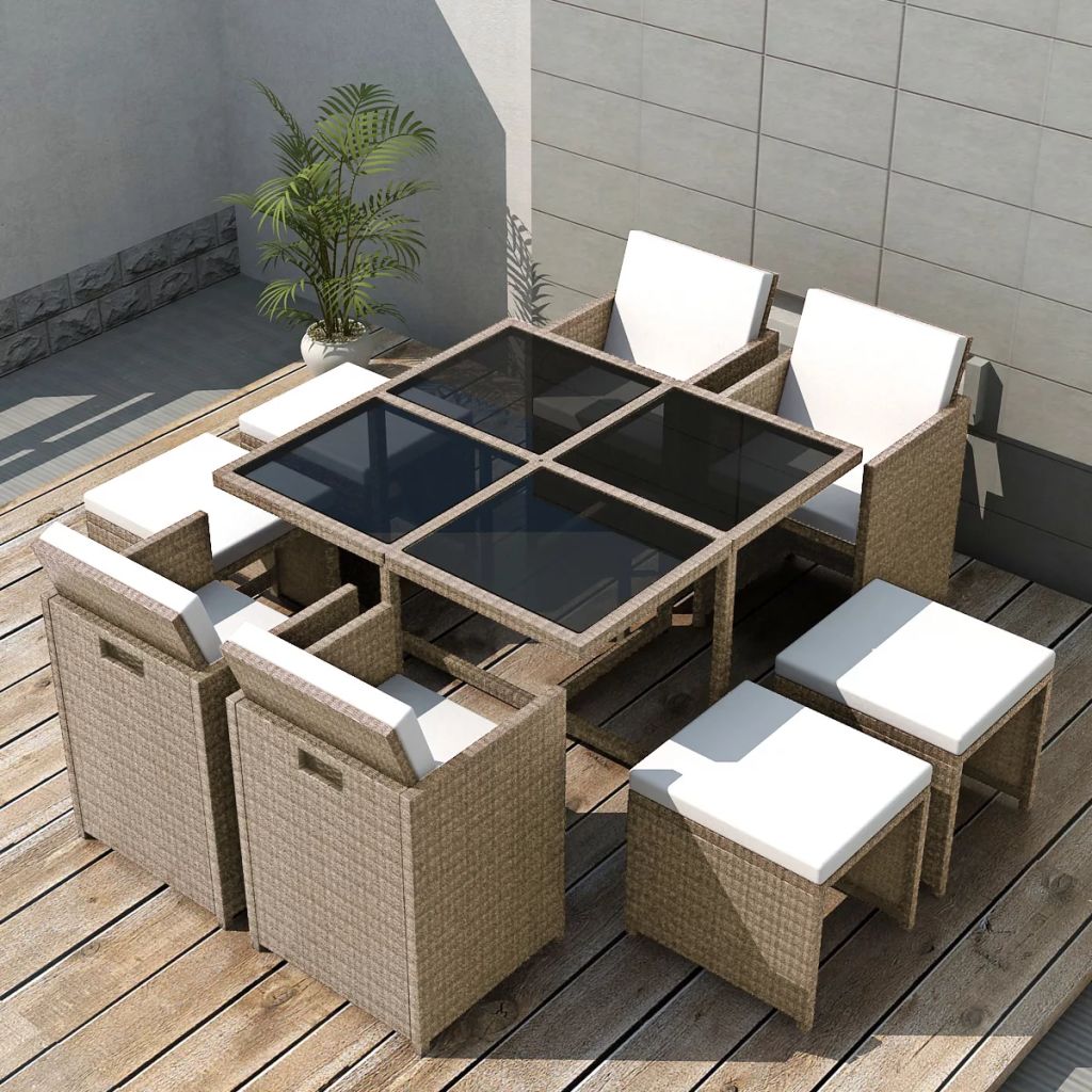 9-tlg. Garten-Essgruppe mit Auflagen Poly Rattan Beige 9-tlg. Garten-Essgruppe mit Auflagen Poly Rattan Beige
