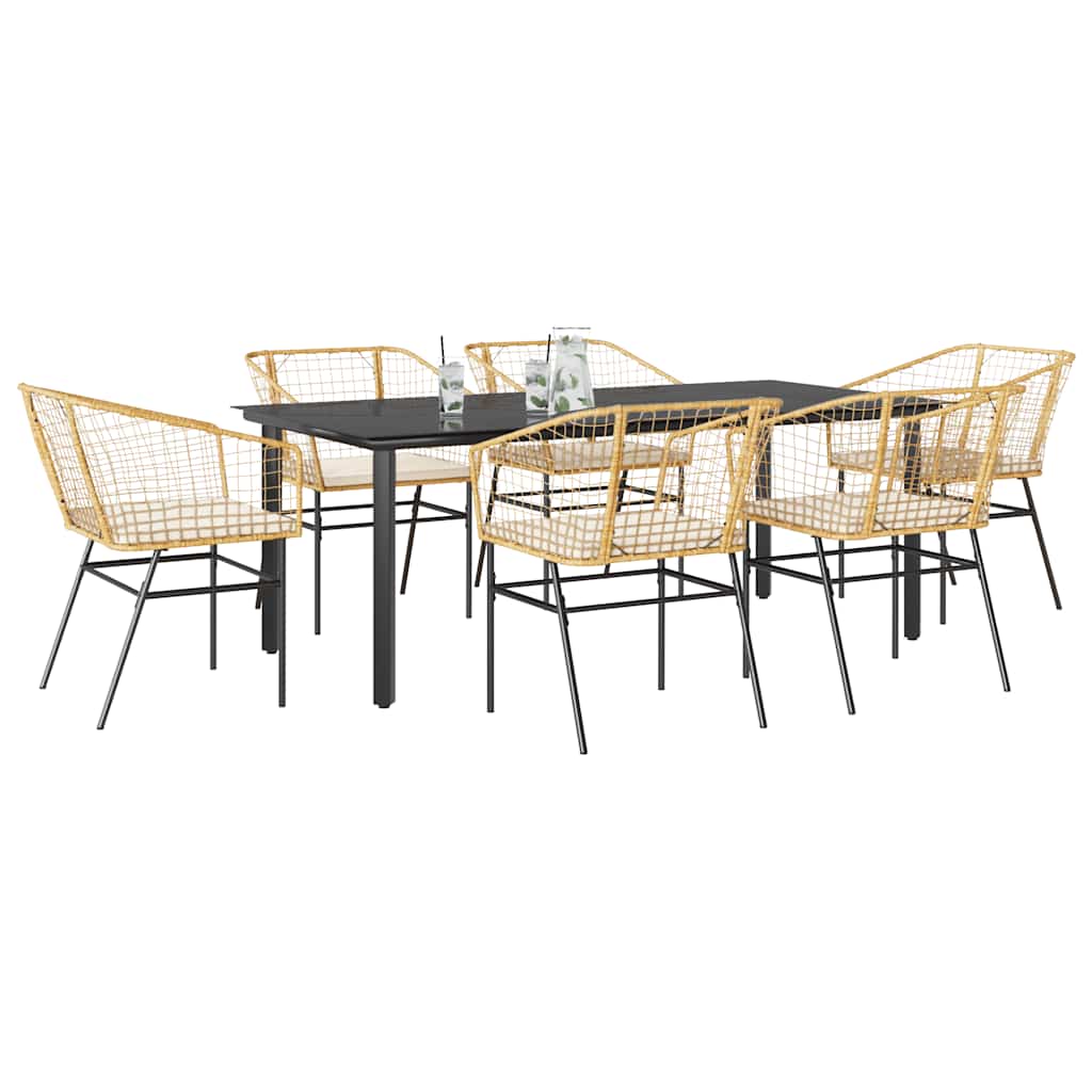 7-tlg. Garten-Essgruppe mit Kissen Braun Poly Rattan Glas 7-tlg. Garten-Essgruppe mit Kissen Braun Poly Rattan Glas