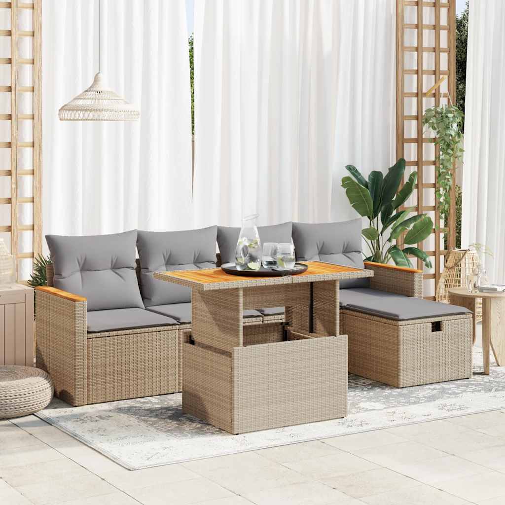 6-tlg. Garten-Sofagarnitur mit Kissen Beige Poly Rattan 6-tlg. Garten-Sofagarnitur mit Kissen Beige Poly Rattan