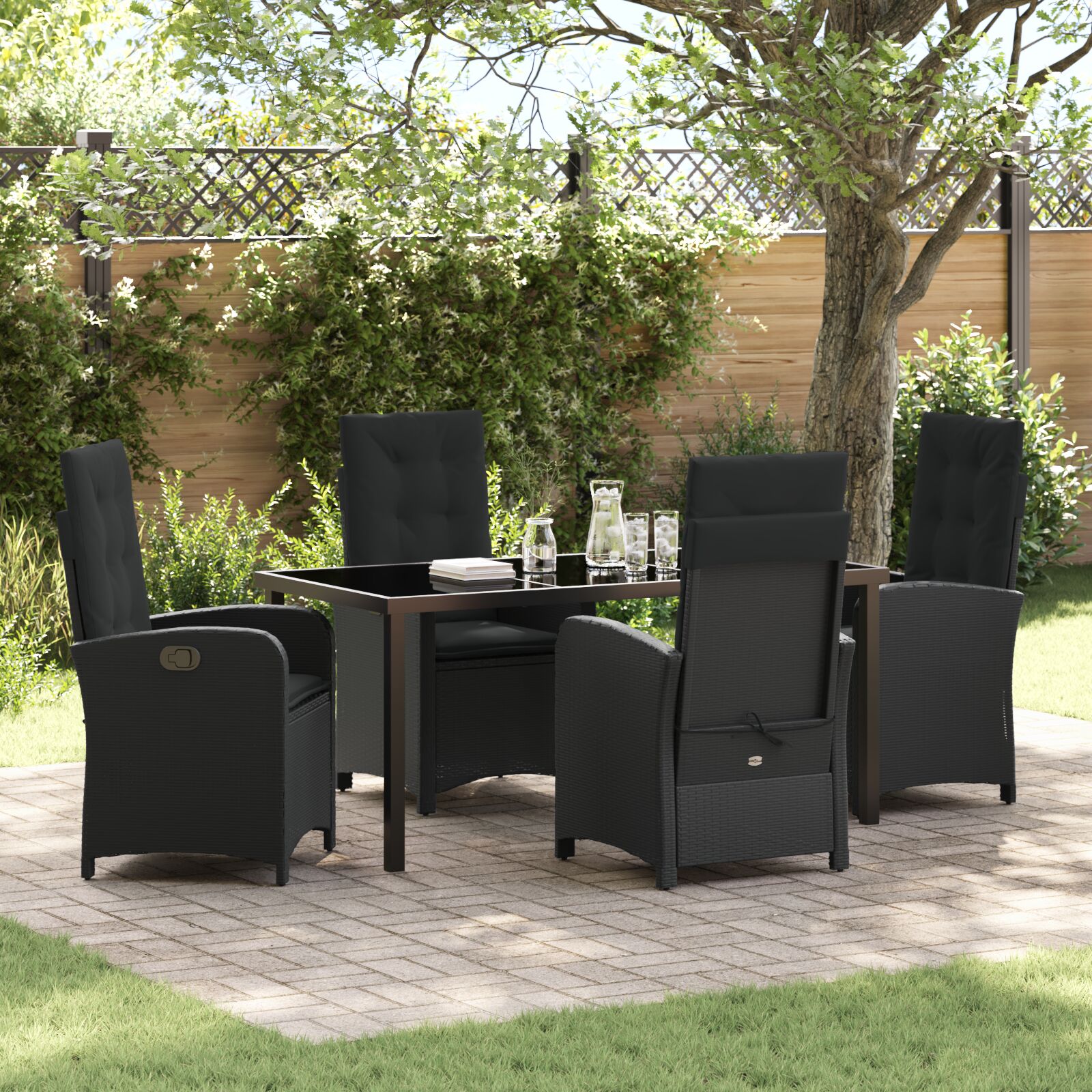 5-teiliges Garten-Dining-Set mit Kissen Schwarz Poly-Rattan