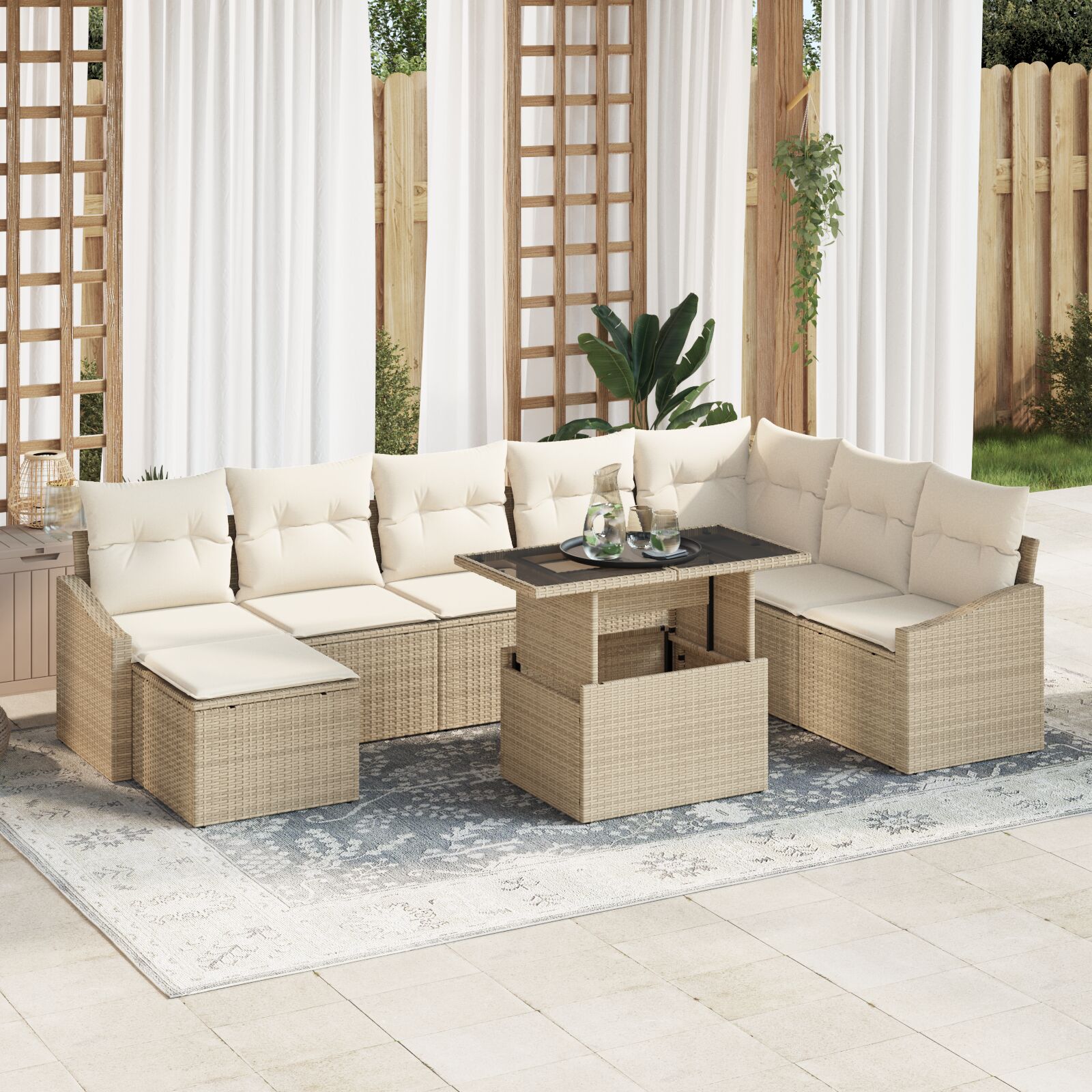 vidaXL Garten Sofa Set Set aus 9 Beige, Braun Rattan, Polyester