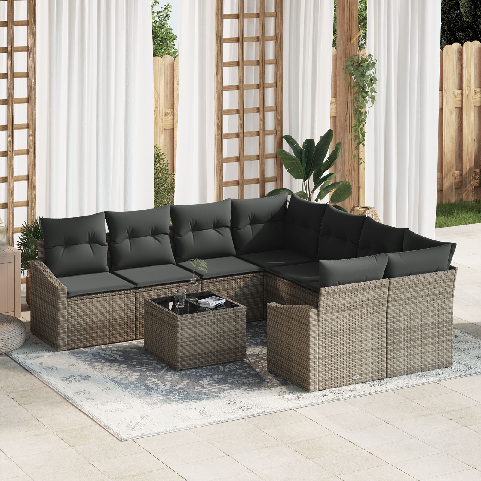 9-teiliges Garten-Dining-Set mit Kissen Grau Poly-Rattan 9-teiliges Garten-Dining-Set mit Kissen Grau Poly-Rattan