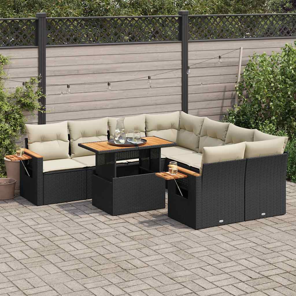 9-tlg. Garten-Sofagarnitur mit Kissen Schwarz Poly Rattan 9-tlg. Garten-Sofagarnitur mit Kissen Schwarz Poly Rattan
