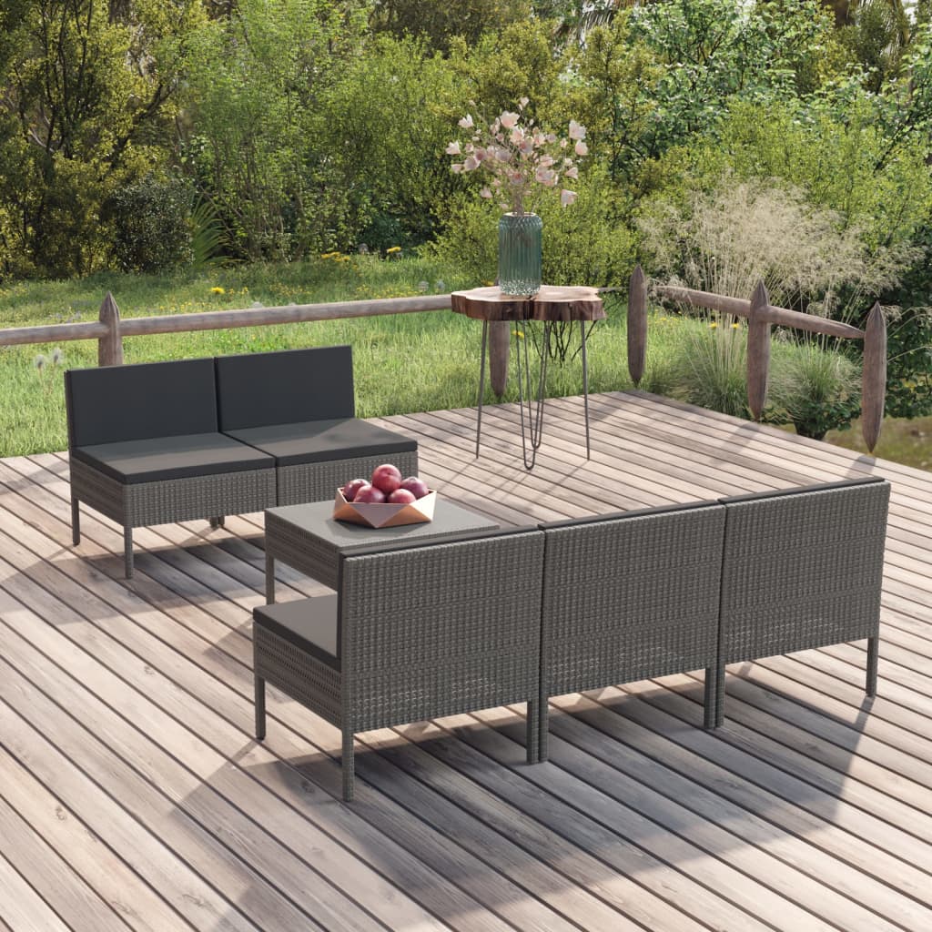 6-tlg. Garten-Lounge-Set mit Auflagen Poly Rattan Grau 6-tlg. Garten-Lounge-Set mit Auflagen Poly Rattan Grau