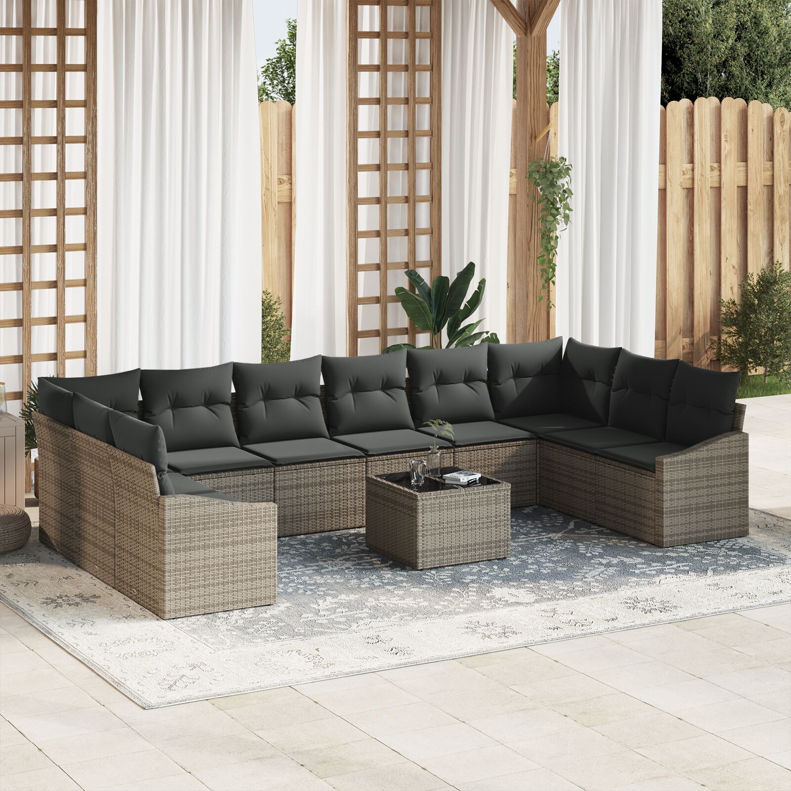 10-teiliges Garten Sofa Set mit Kissen Schwarzes Poly Rattan 10-teiliges Garten Sofa Set mit Kissen Schwarzes Poly Rattan