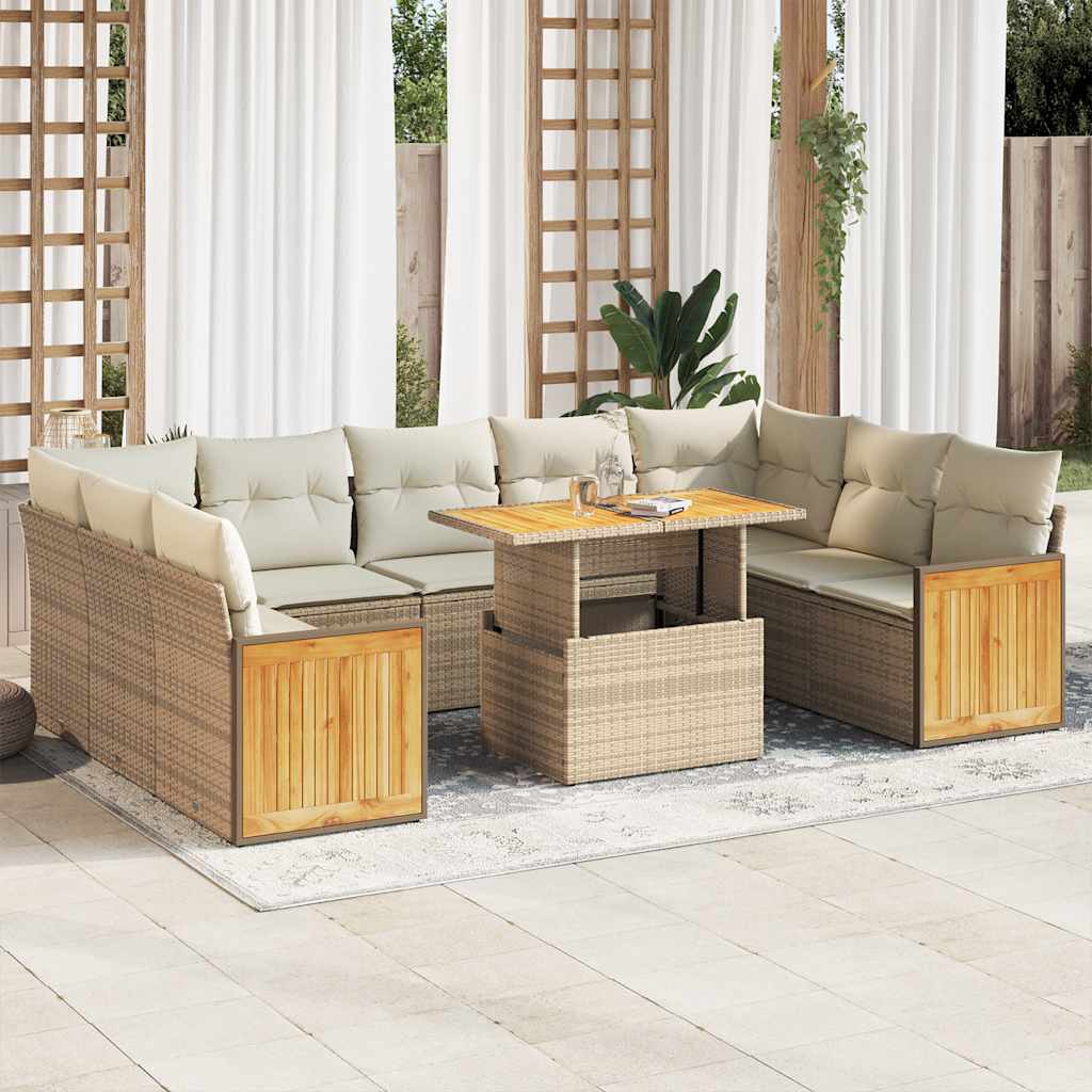 10-tlg. Garten-Sofagarnitur mit Kissen Beige Poly Rattan Akazie 10-tlg. Garten-Sofagarnitur mit Kissen Beige Poly Rattan Akazie