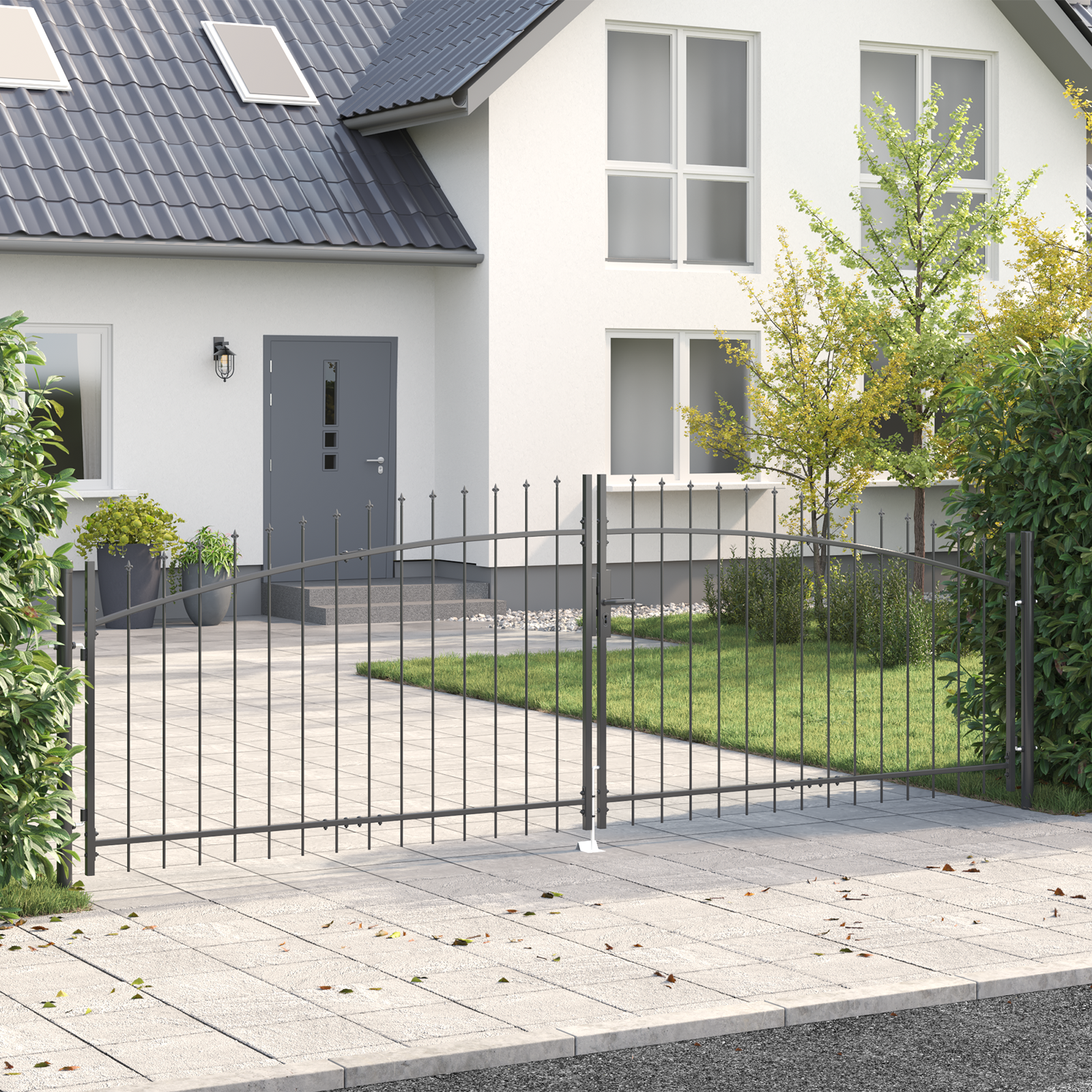 Gartentor mit Spear Top Doppelschwing Grau 125x400 cm Stahl