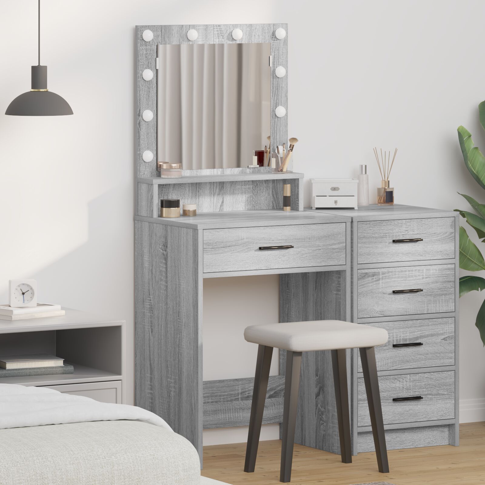 vidaXL Frisierkommode mit LED-Lichtern in Grau Sonoma, 50x41x135 cm