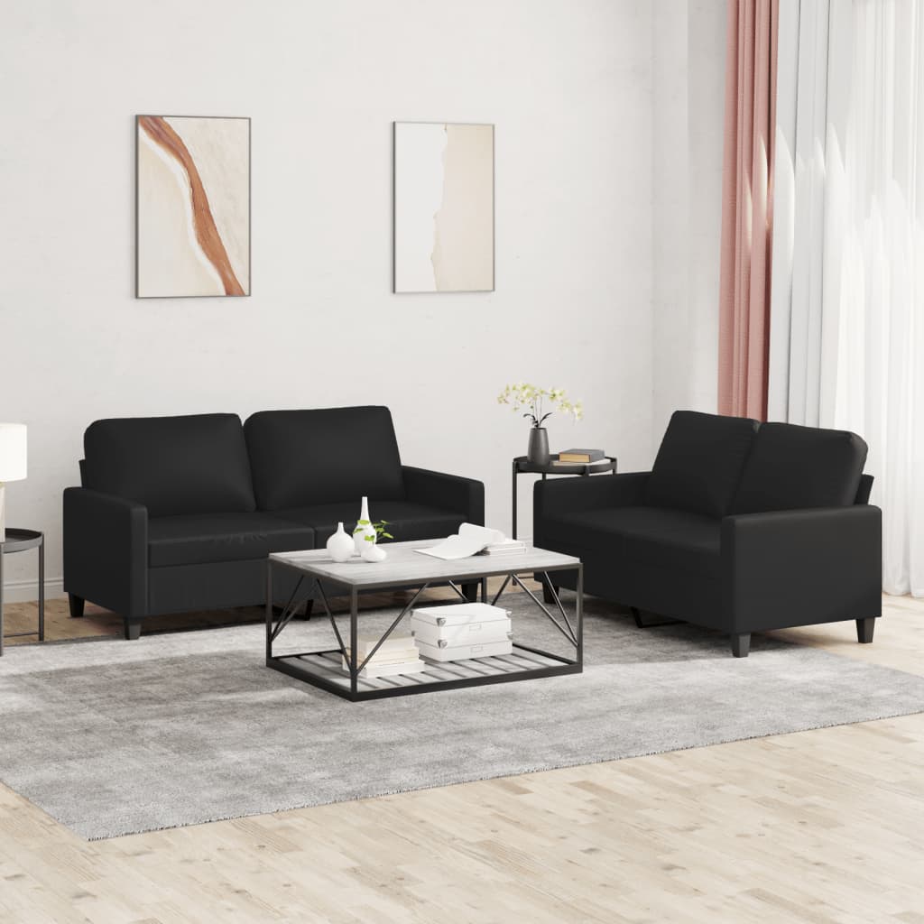 2-tlg. Sofagarnitur mit Kissen Schwarz Kunstleder 2-tlg. Sofagarnitur mit Kissen Schwarz Kunstleder