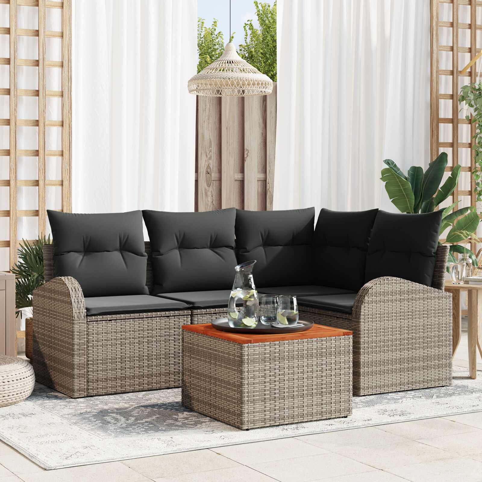 5-teiliges Gartensofa Set mit Kissen Grau Poly Rattan Akazie 5-teiliges Gartensofa Set mit Kissen Grau Poly Rattan Akazie