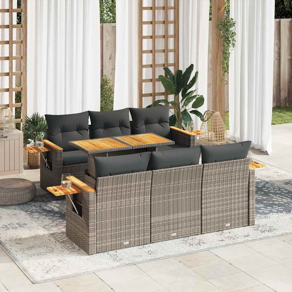 7-tlg. Garten-Sofagarnitur mit Kissen Grau Poly Rattan Akazie 7-tlg. Garten-Sofagarnitur mit Kissen Grau Poly Rattan Akazie