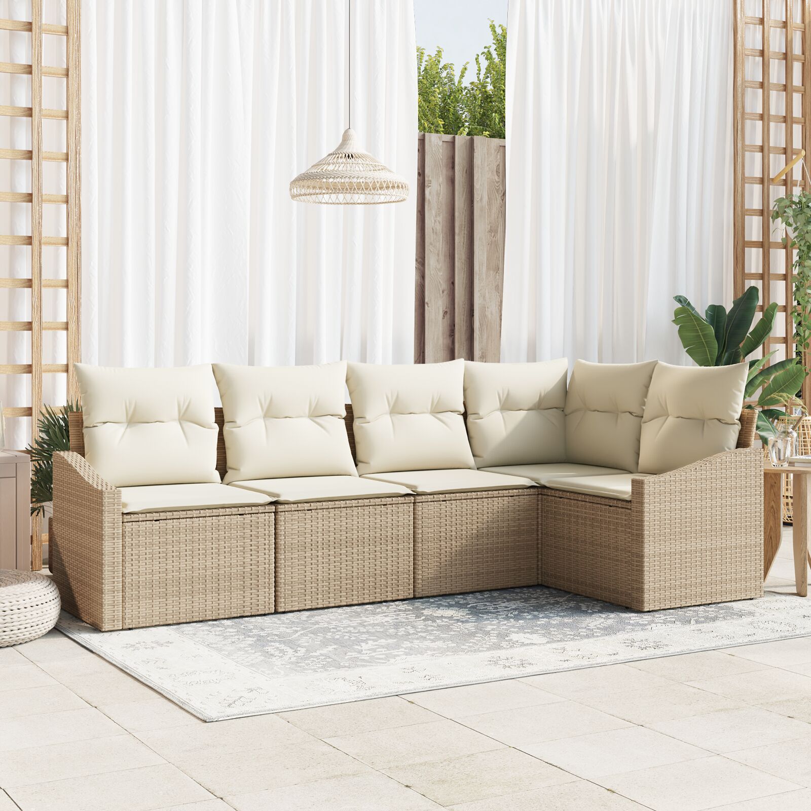 5-teilige Garten-Sofaset mit Kissen Beige Poly Rattan 5-teilige Garten-Sofaset mit Kissen Beige Poly Rattan