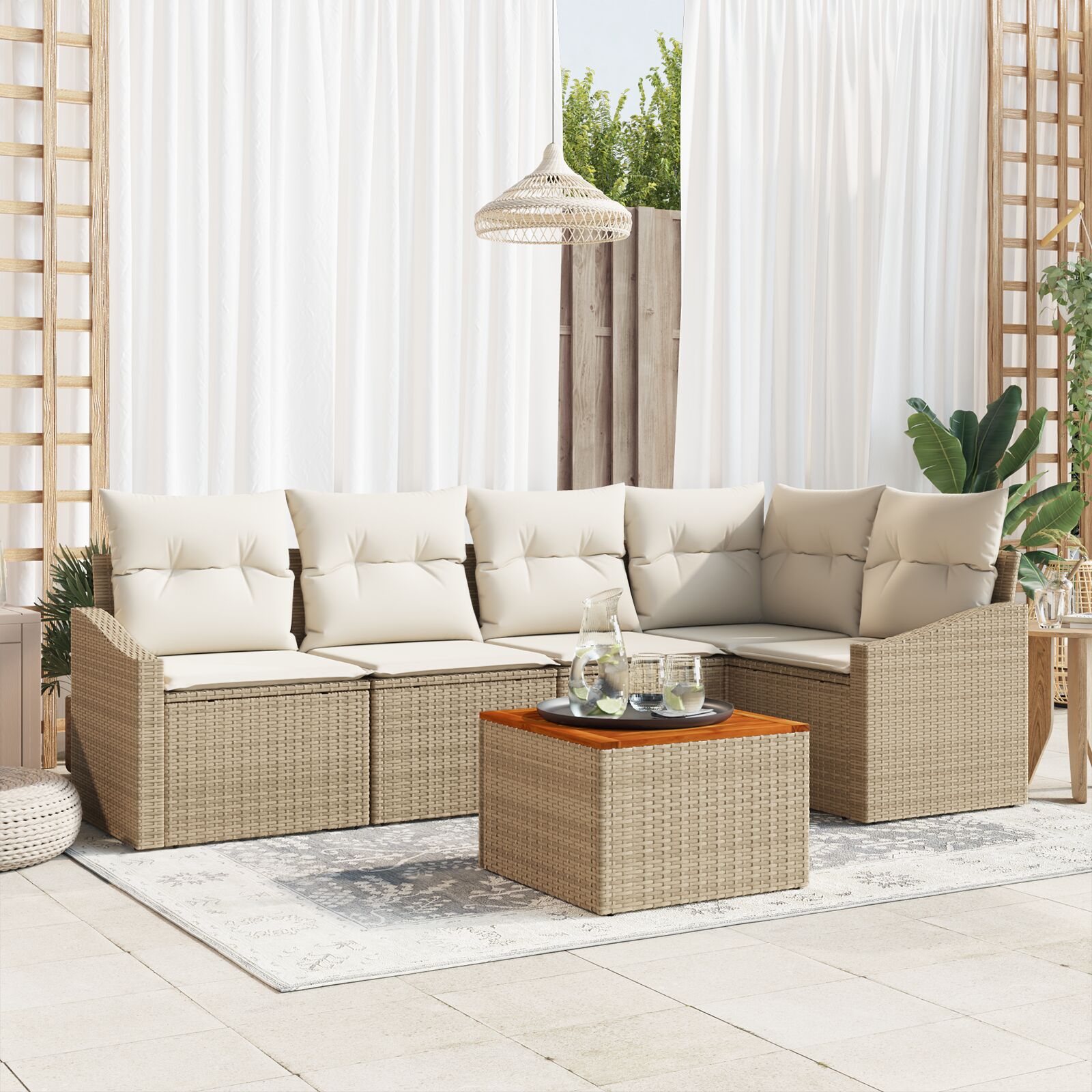 6-teiliges Garten-Sofaset mit Kissen Beige Poly Rattan Akazie
