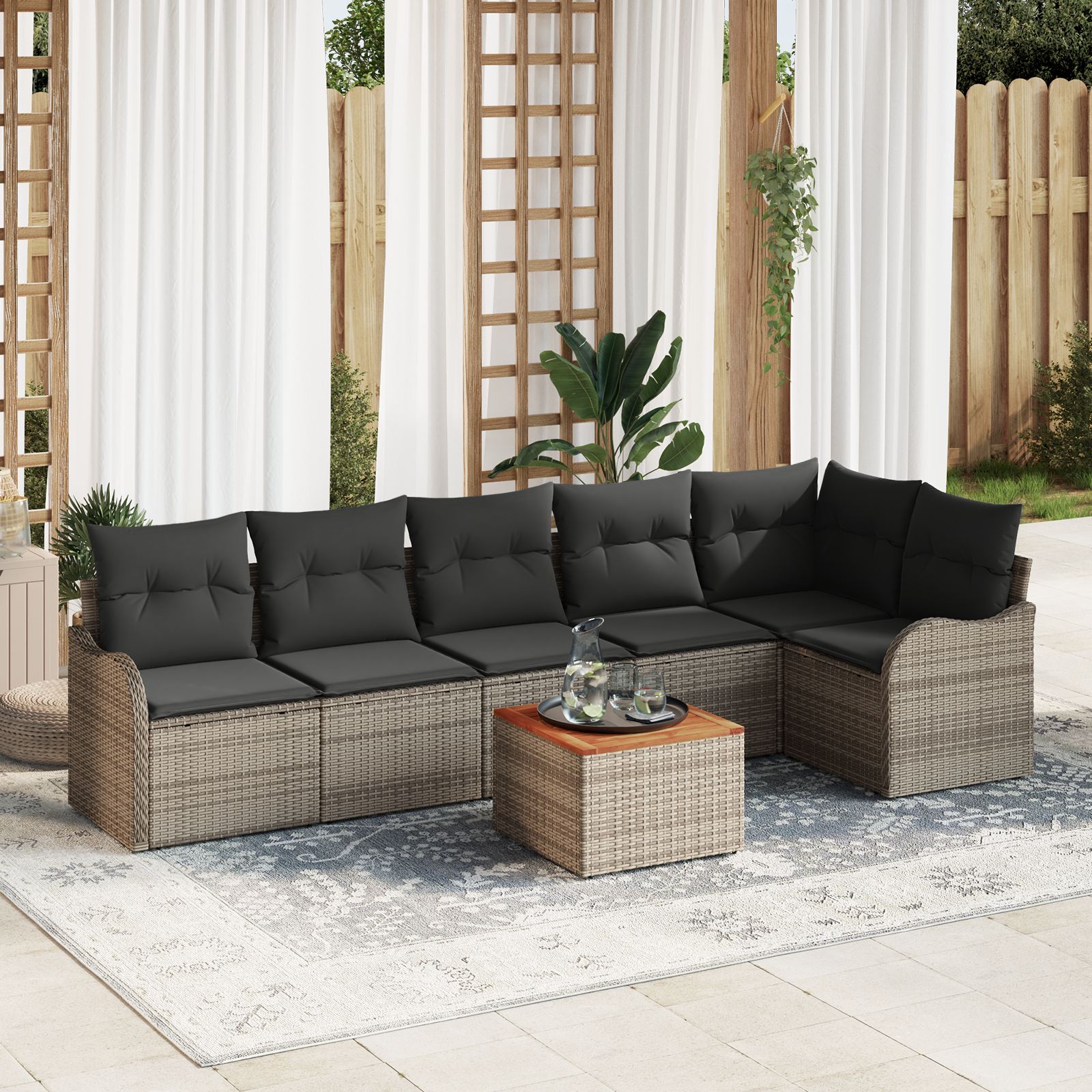 7-teiliges Garten Sofa Set mit Kissen Grau Poly Rattan Akazie 7-teiliges Garten Sofa Set mit Kissen Grau Poly Rattan Akazie