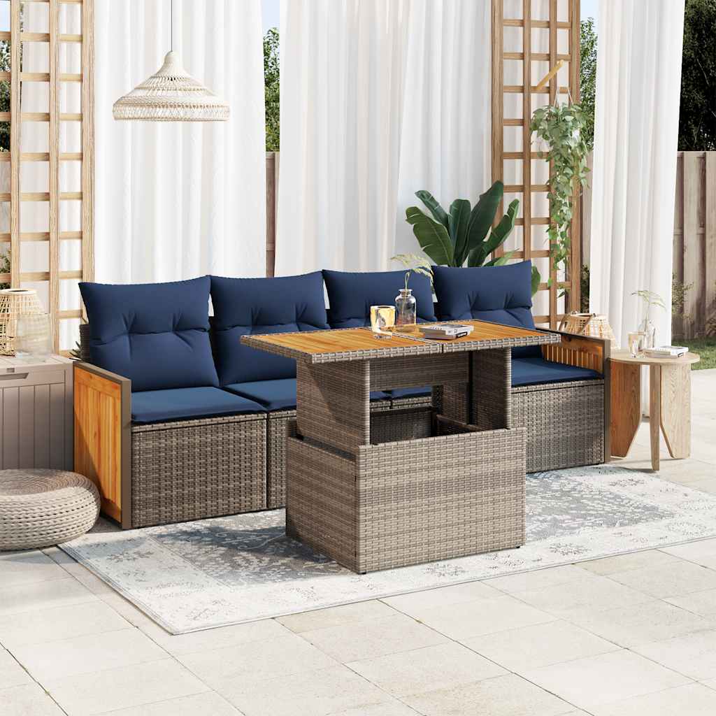 5-tlg. Garten-Sofagarnitur mit Kissen Grau Poly Rattan Akazie 5-tlg. Garten-Sofagarnitur mit Kissen Grau Poly Rattan Akazie