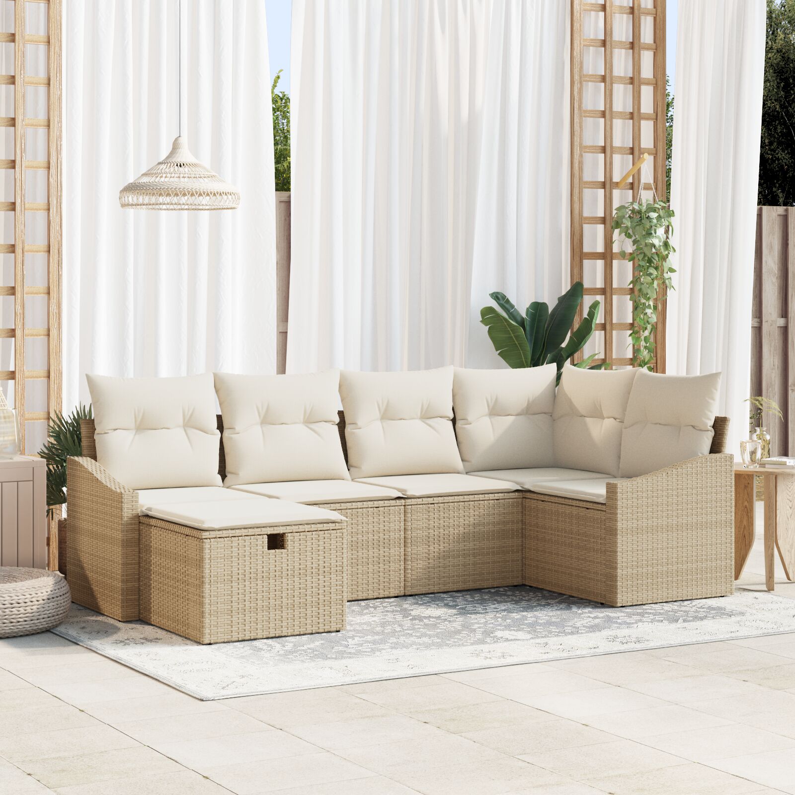 6-teiliges Garten-Sofa-Set mit Kissen Beige Poly Rattan