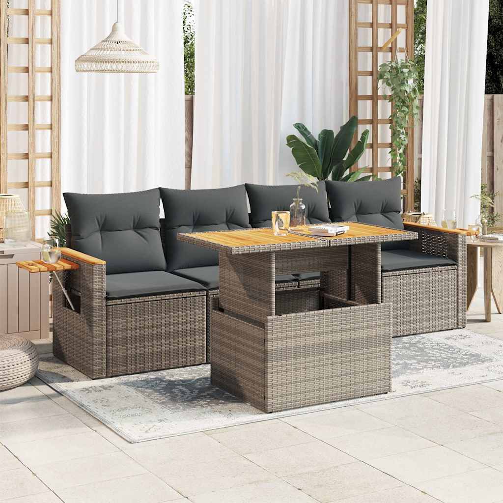 5-tlg. Garten-Sofagarnitur mit Kissen Grau Poly Rattan Akazie 5-tlg. Garten-Sofagarnitur mit Kissen Grau Poly Rattan Akazie