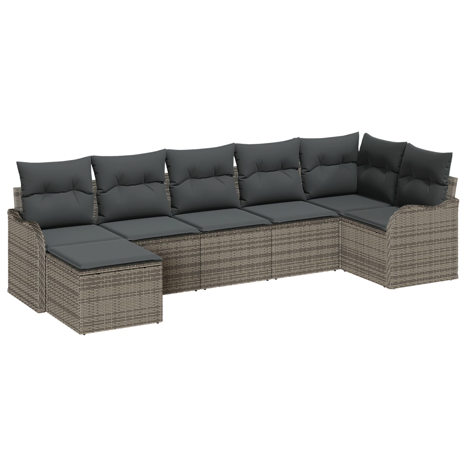 7-teiliges Garten Sofa Set mit Kissen Grau Poly Rattan, 2-Sitzer Garten Sofa mit Kissen Grau Poly Rattan