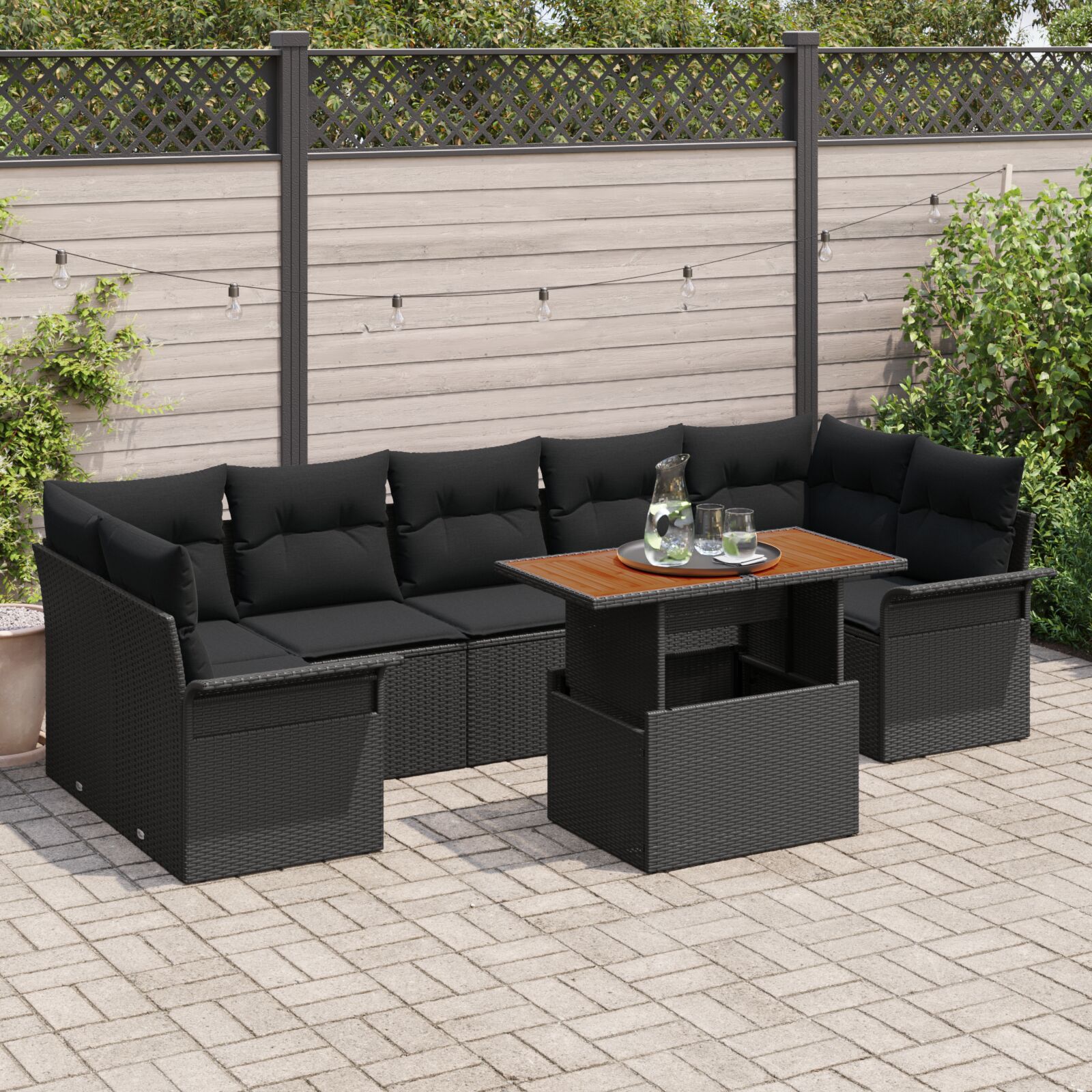 8-teiliges Garten Sofa Set mit Kissen Schwarz Poly Rattan Akazie