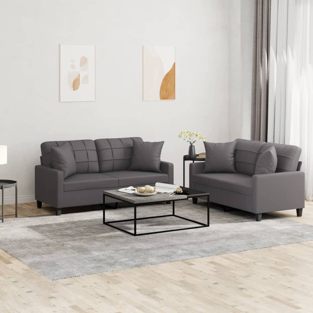 2-tlg. Sofagarnitur mit Kissen Grau Kunstleder 2-tlg. Sofagarnitur mit Kissen Grau Kunstleder
