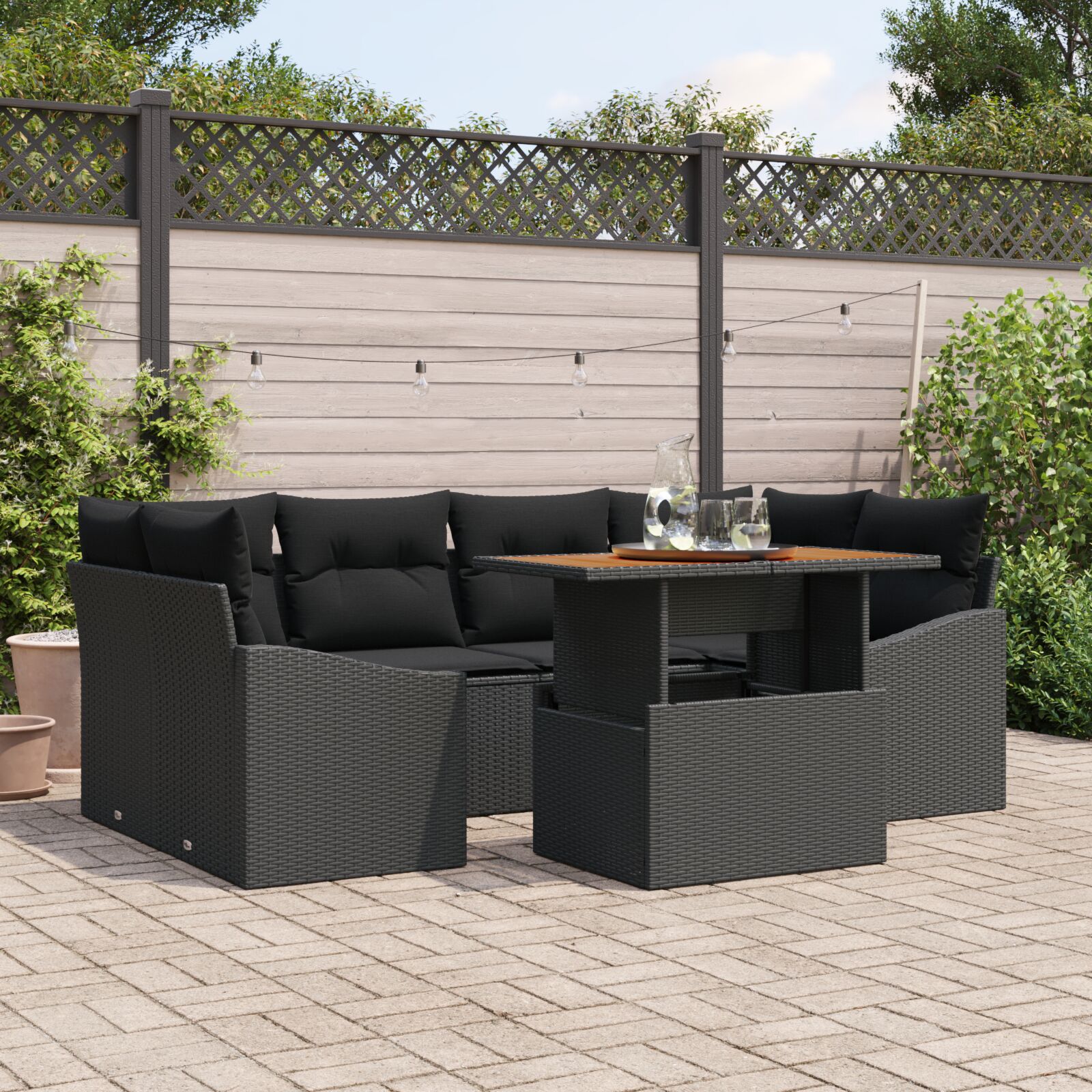7-teiliges Gartensofa-Set mit Kissen Schwarz Poly Rattan 7-teiliges Gartensofa-Set mit Kissen Schwarz Poly Rattan