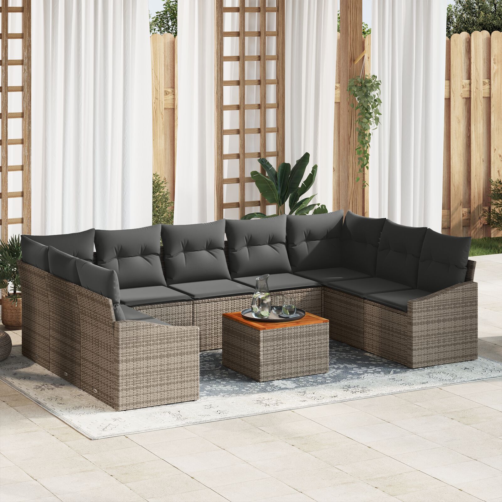 10-teiliges Garten-Sofa-Set mit Kissen Grau Poly-Rattan Akazie 10-teiliges Garten-Sofa-Set mit Kissen Grau Poly-Rattan Akazie