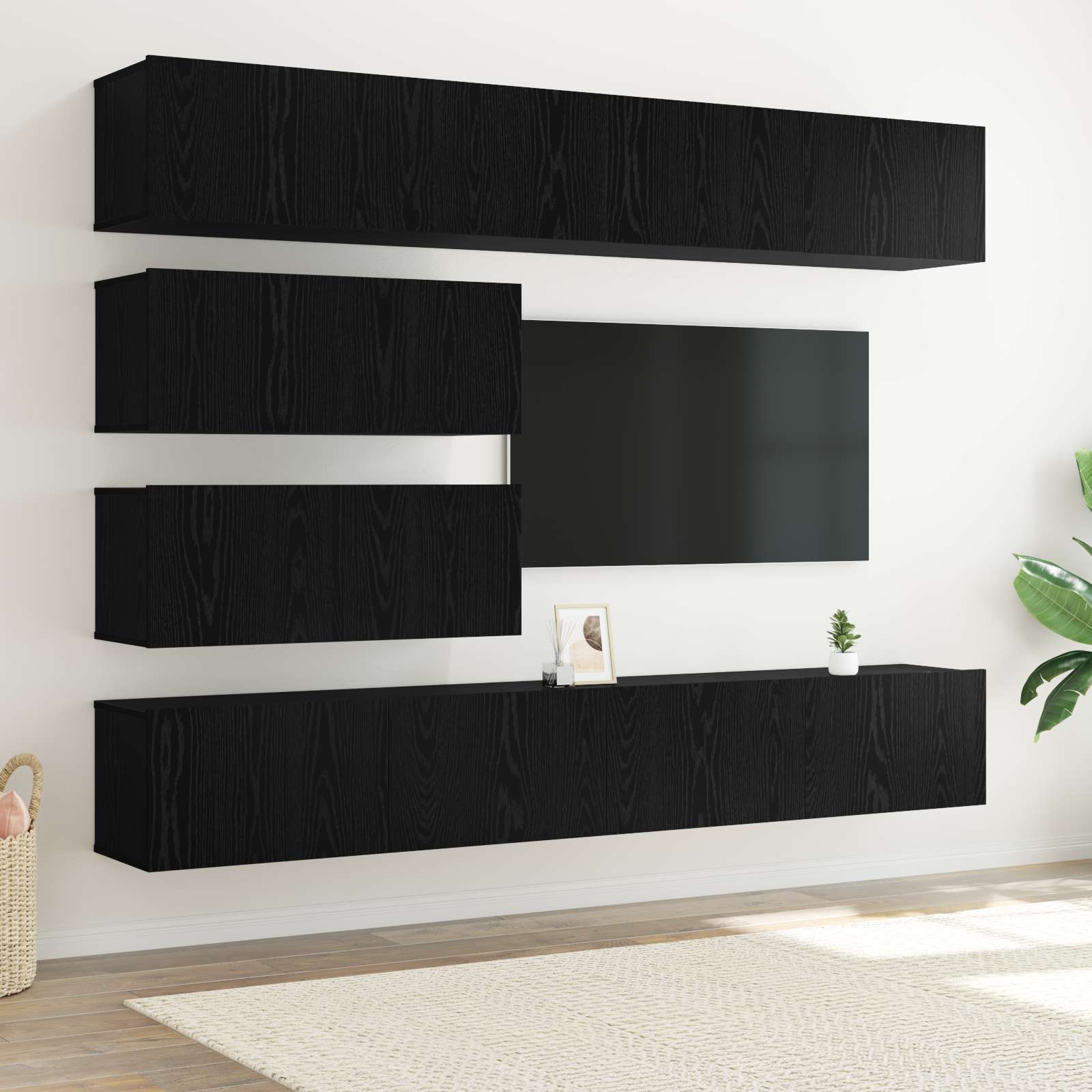 10-teiliges TV Schrank Set - Wandmontiertes schwarzes Eichenholz