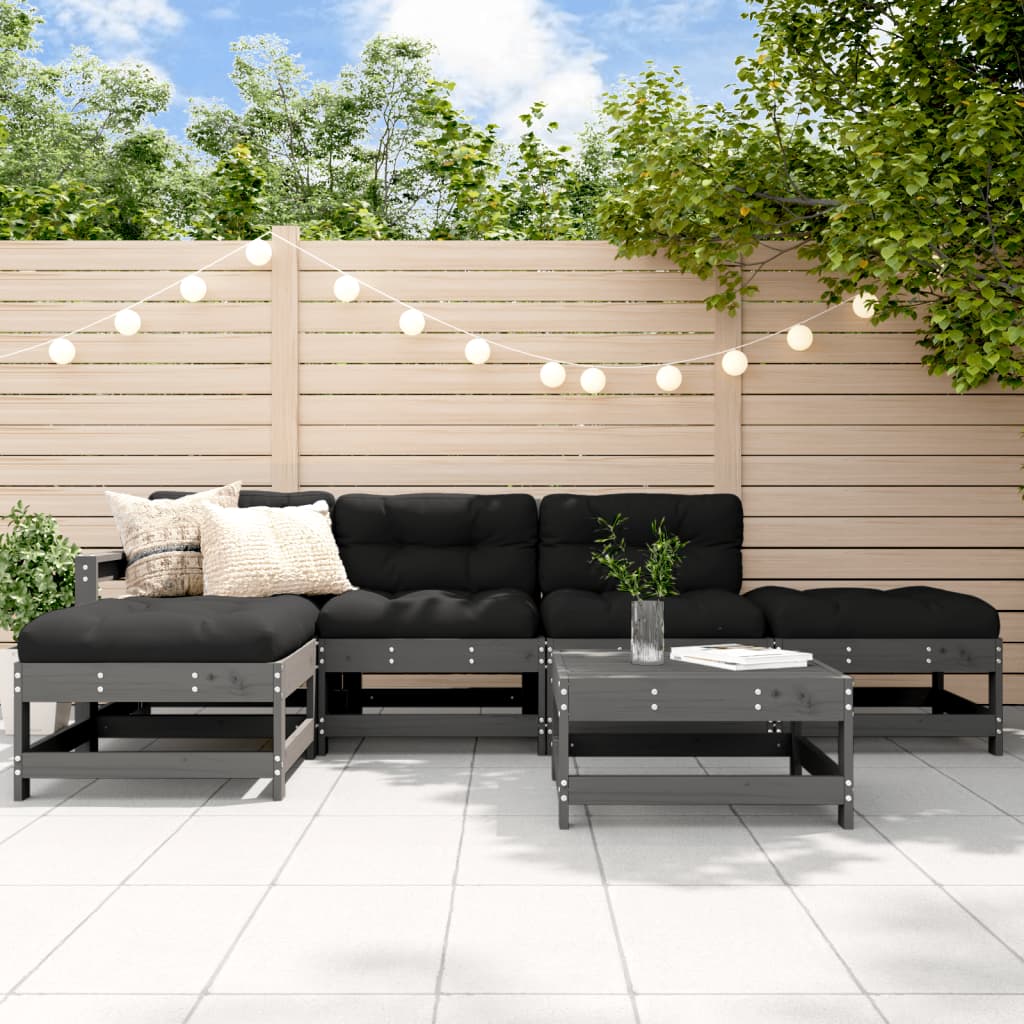 6-tlg. Garten-Lounge-Set mit Kissen Grau Massivholz 6-tlg. Garten-Lounge-Set mit Kissen Grau Massivholz