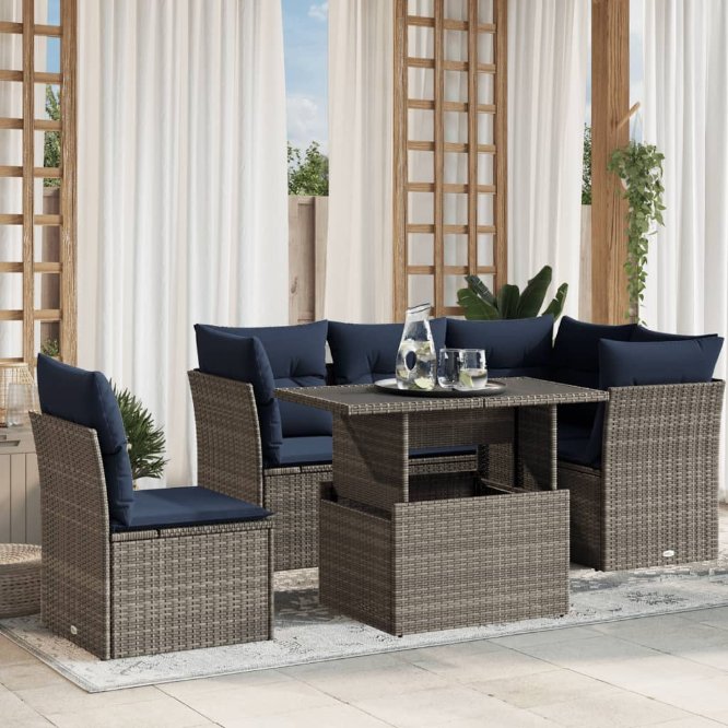 6-teiliges Gartensofa-Set mit Kissen, grau, Polyrattan 6-teiliges Gartensofa-Set mit Kissen, grau, Polyrattan