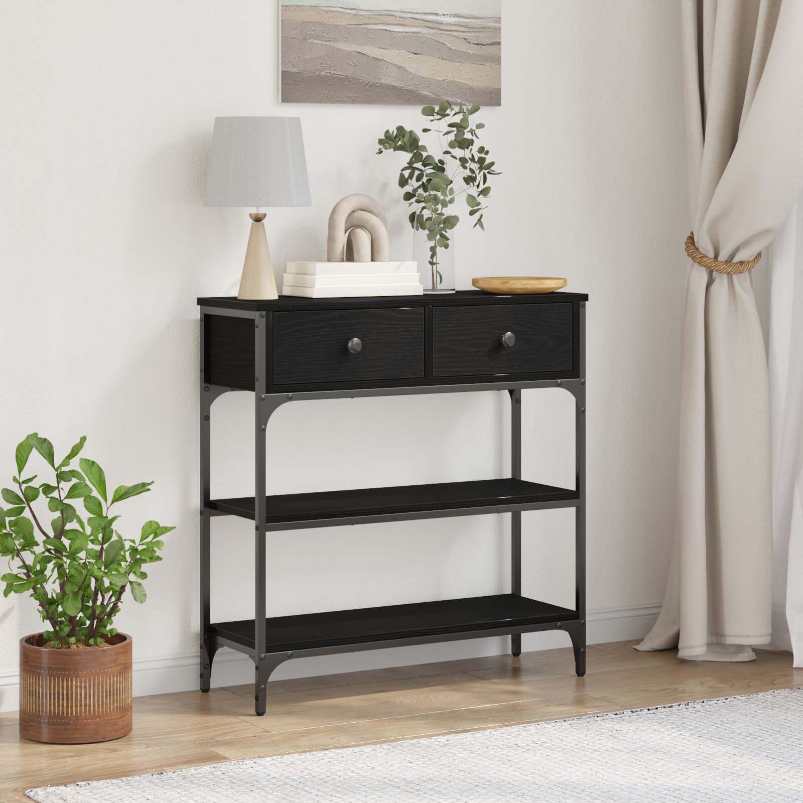 vidaXL Konsolentisch Schwarz Eiche 72,5x25x75 cm Holzwerkstoff & Stahl