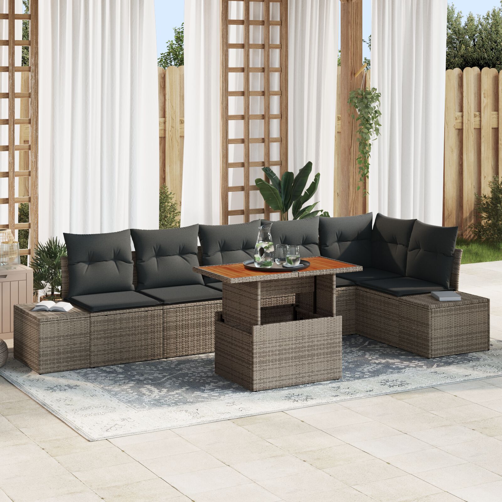 7-teiliges Garten Essset mit Kissen Grau Poly Rattan Akazie 7-teiliges Garten Essset mit Kissen Grau Poly Rattan Akazie