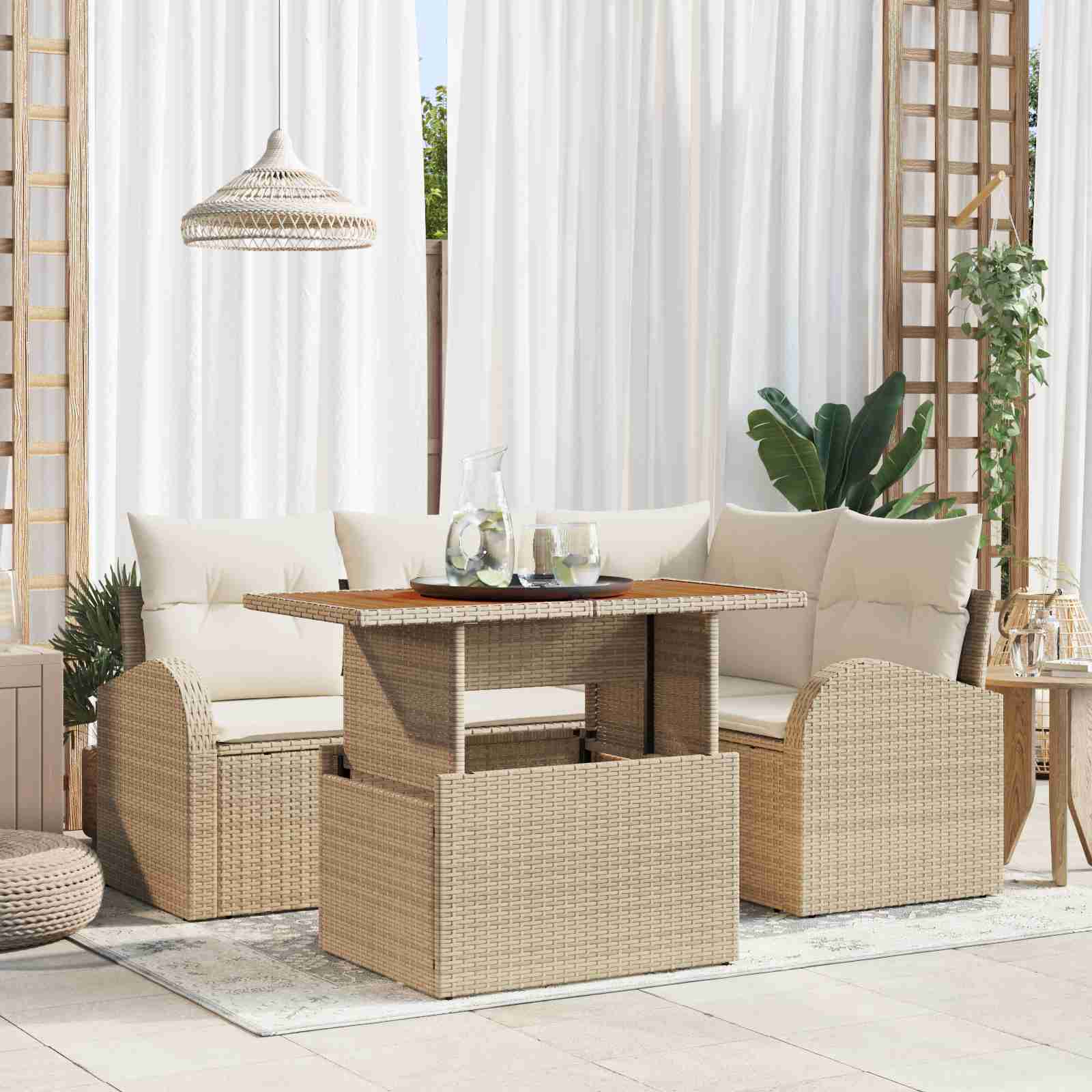 5-teilige Garten-Dining-Set mit Kissen Beige Poly Rattan Akazie 5-teilige Garten-Dining-Set mit Kissen Beige Poly Rattan Akazie