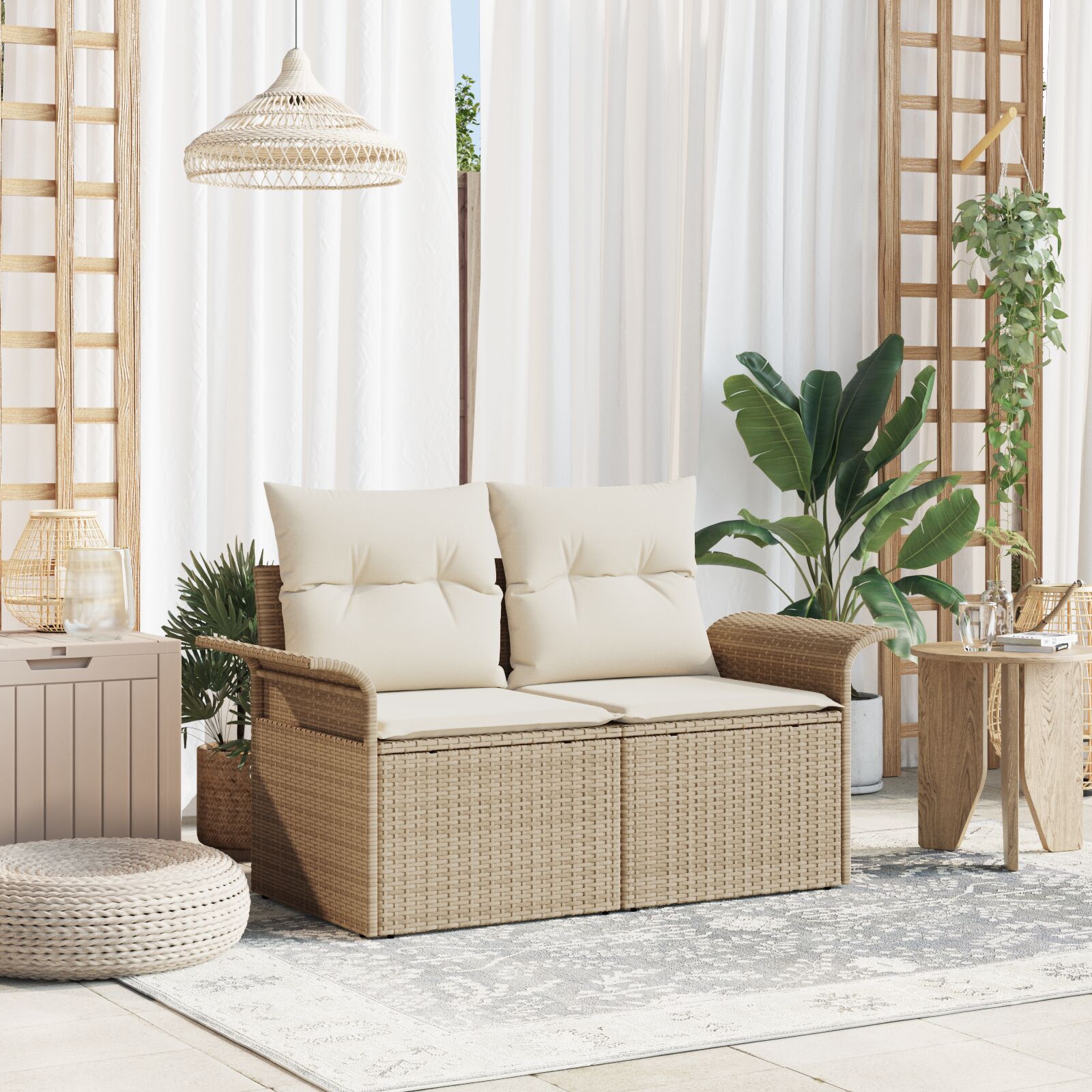 2-Sitzer Gartensofa mit Stauraum und Kissen Beige Poly Rattan